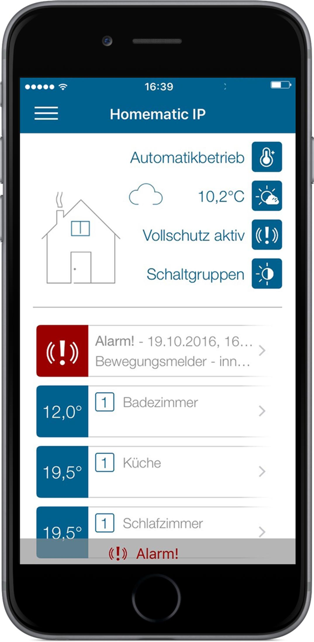 Homematic IP App zeigt Temperatur, Vollschutz und Alarmstatus an.