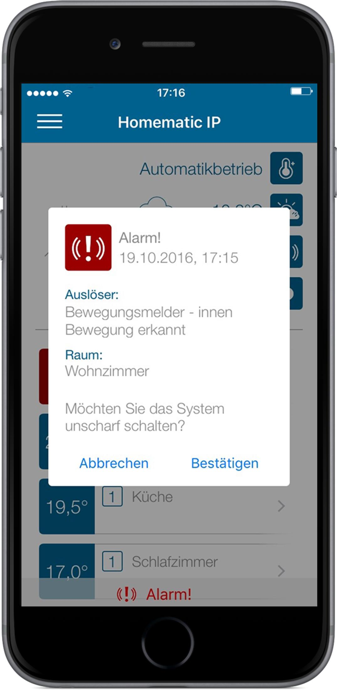 Alarm! Bewegung im Wohnzimmer erkannt. System unscharf schalten?
