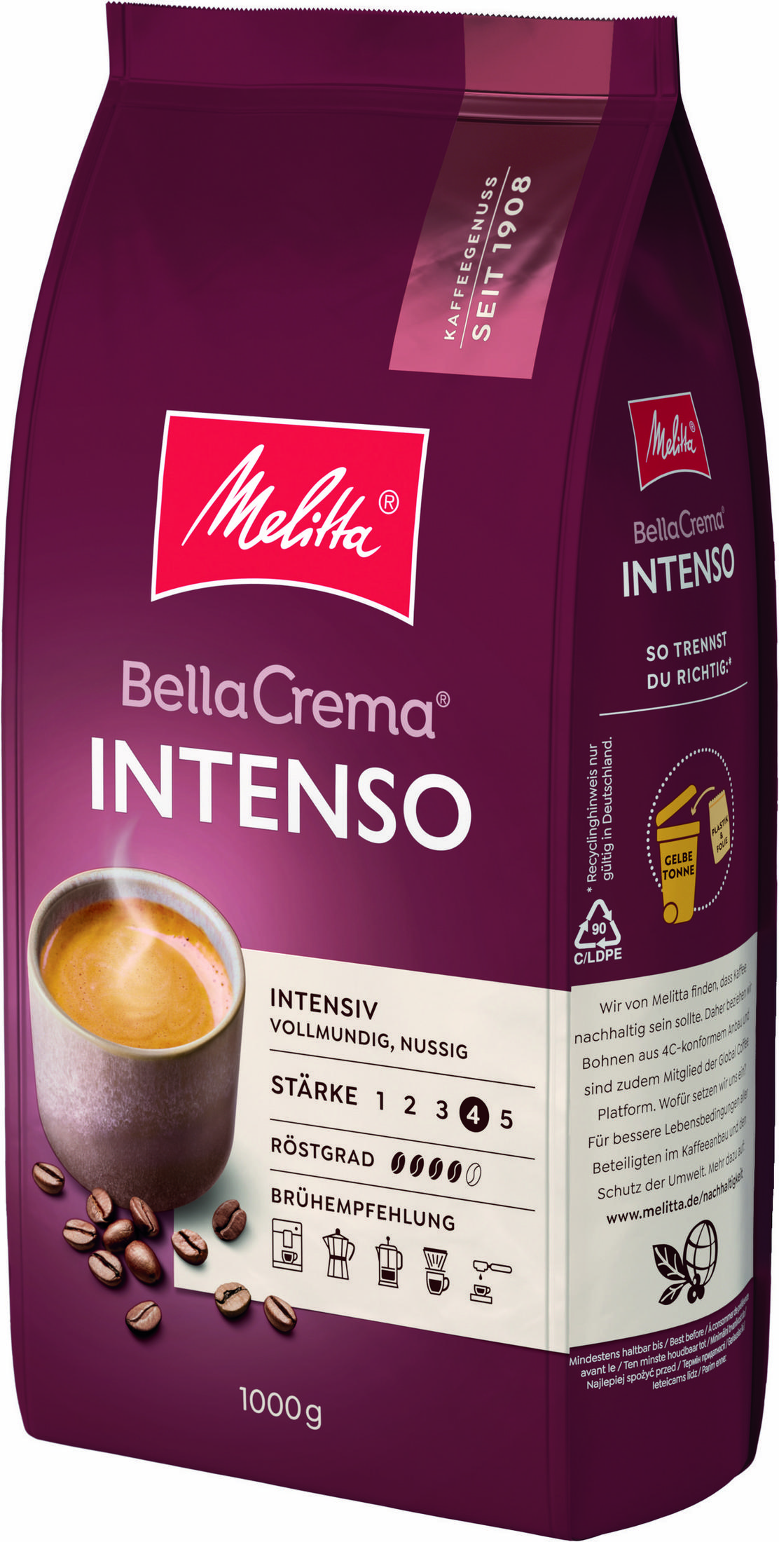 Sacchetto di caffè Melitta Bella Crema Intenso con tazza di caffè e chicchi.