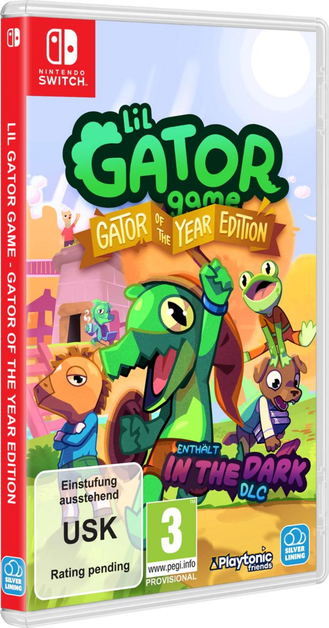 Custodia gioco Nintendo Switch con personaggio alligatore verde, rana e cane. Titolo: Lil Gator Game.