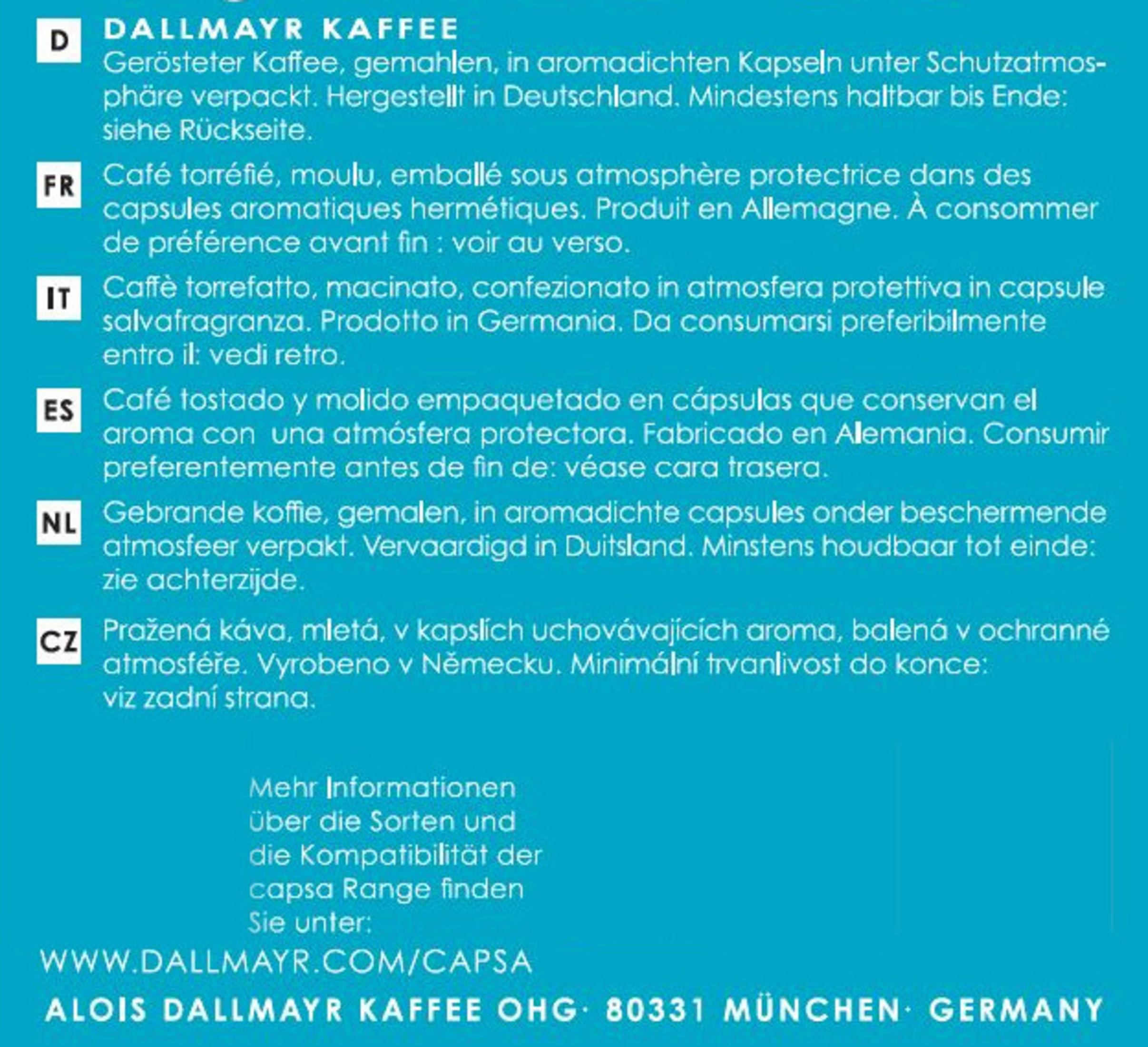 Gerösteter Kaffee in Kapseln, hergestellt in Deutschland. Dallmayr.