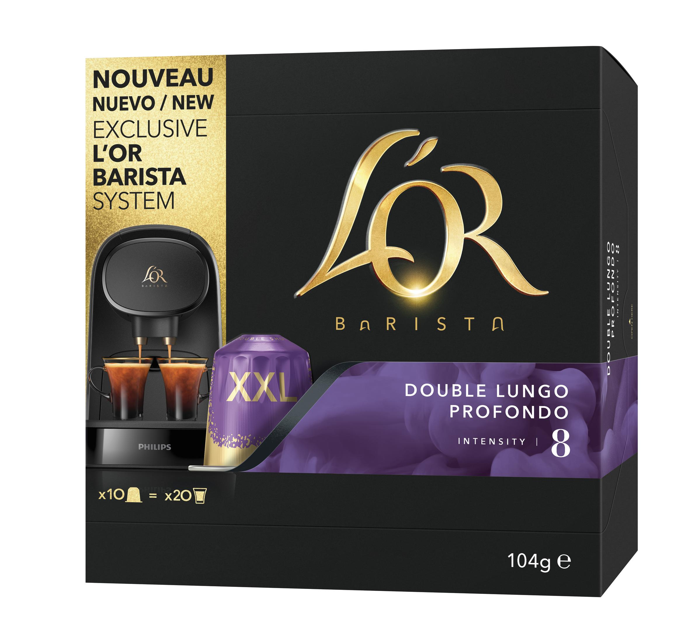 Macchina da caffè L'OR Barista con due tazze di caffè e capsule.