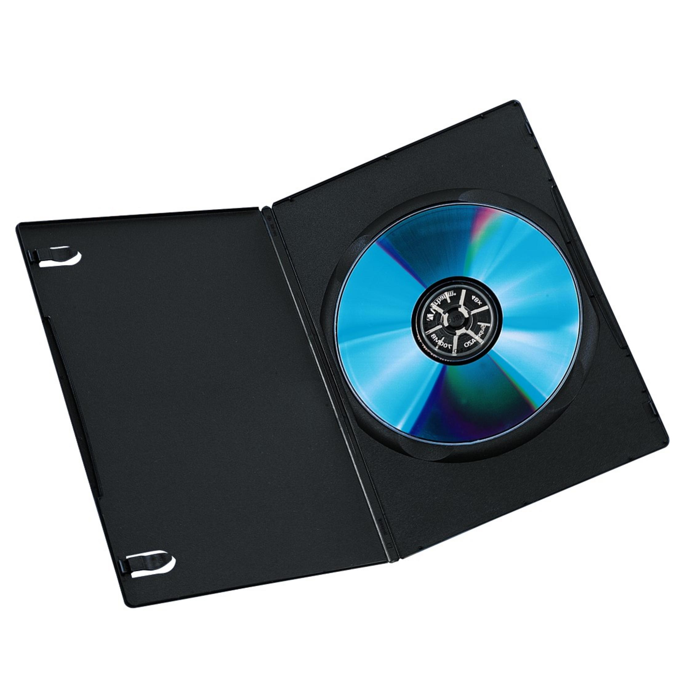 Ein geöffnetes schwarzes DVD-Case mit einer blauen Disc.