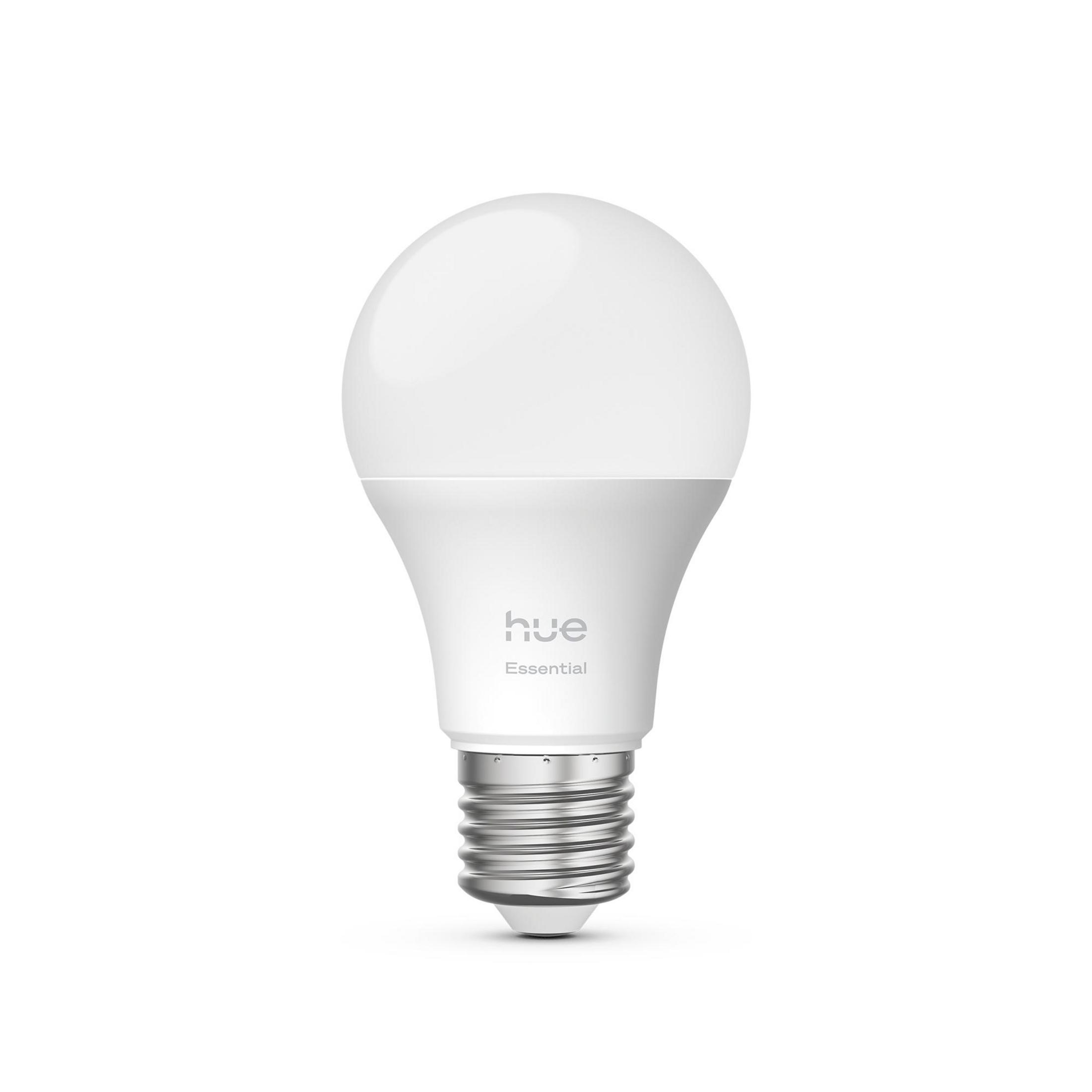 Gümüş tabanlı, Hue Essential logolu beyaz LED ampul.