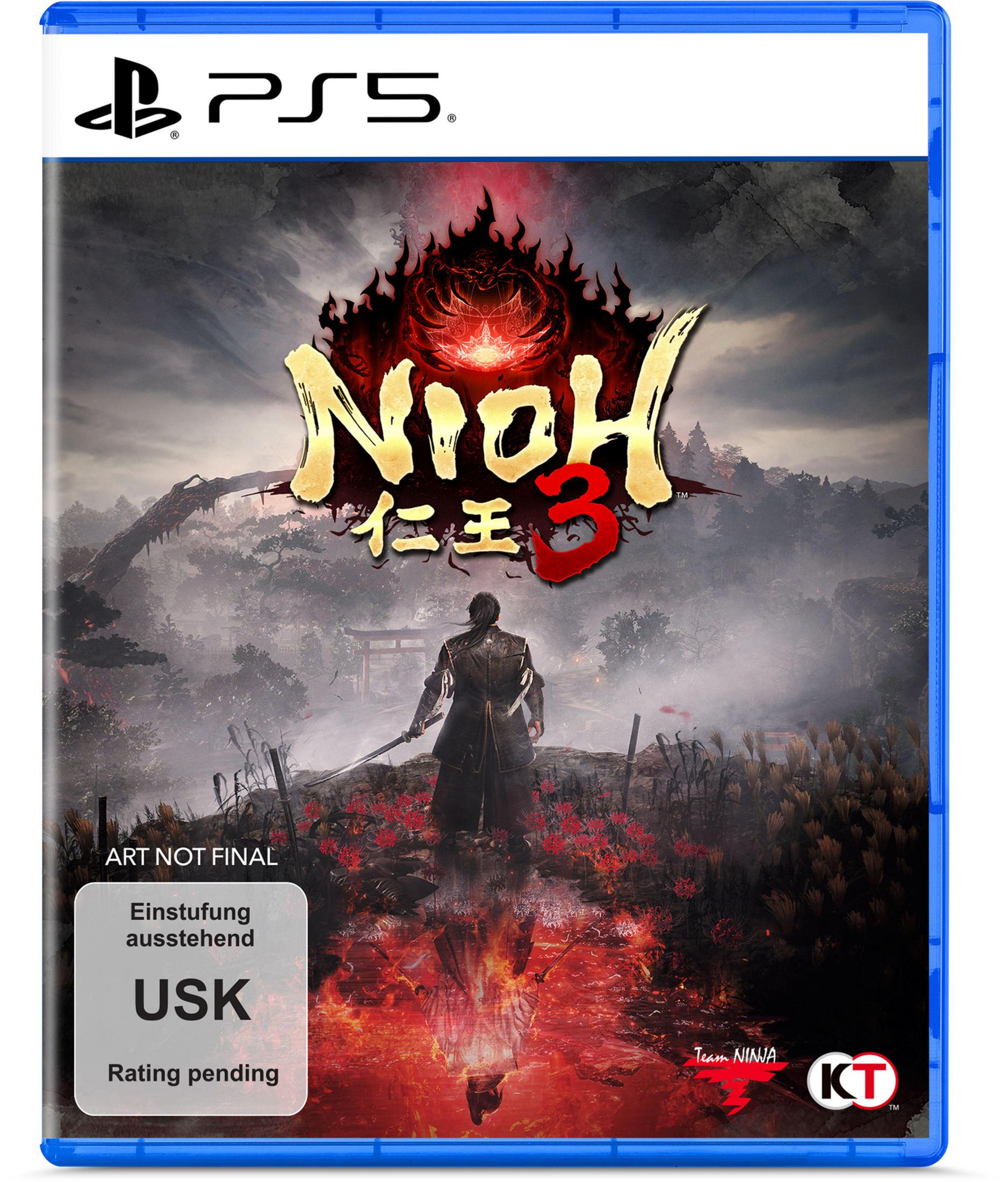 Un homme avec une épée devant un paysage infernal avec le logo Nioh 3.