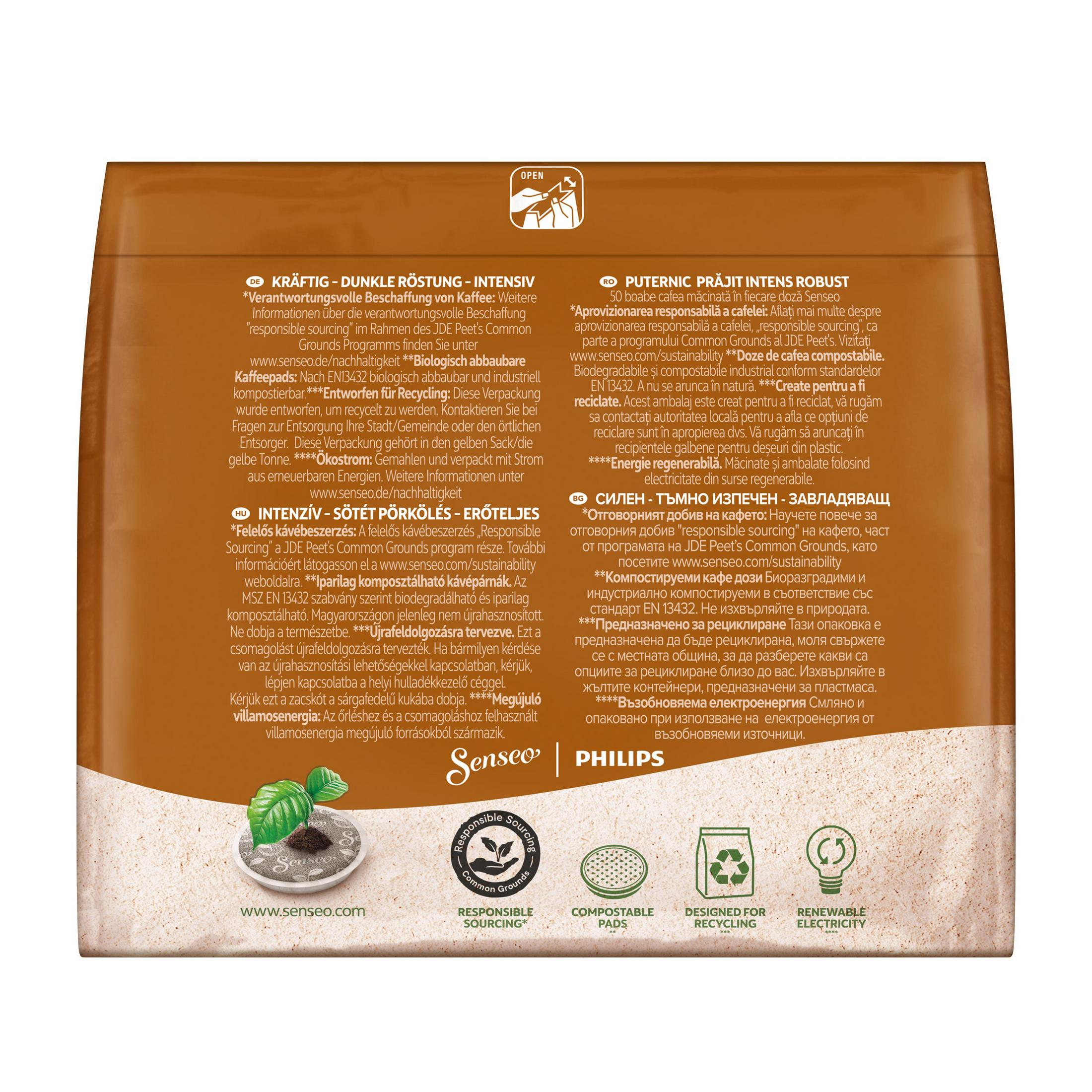 Confezione di caffè Senseo con informazioni sull'approvvigionamento responsabile e sul riciclo.