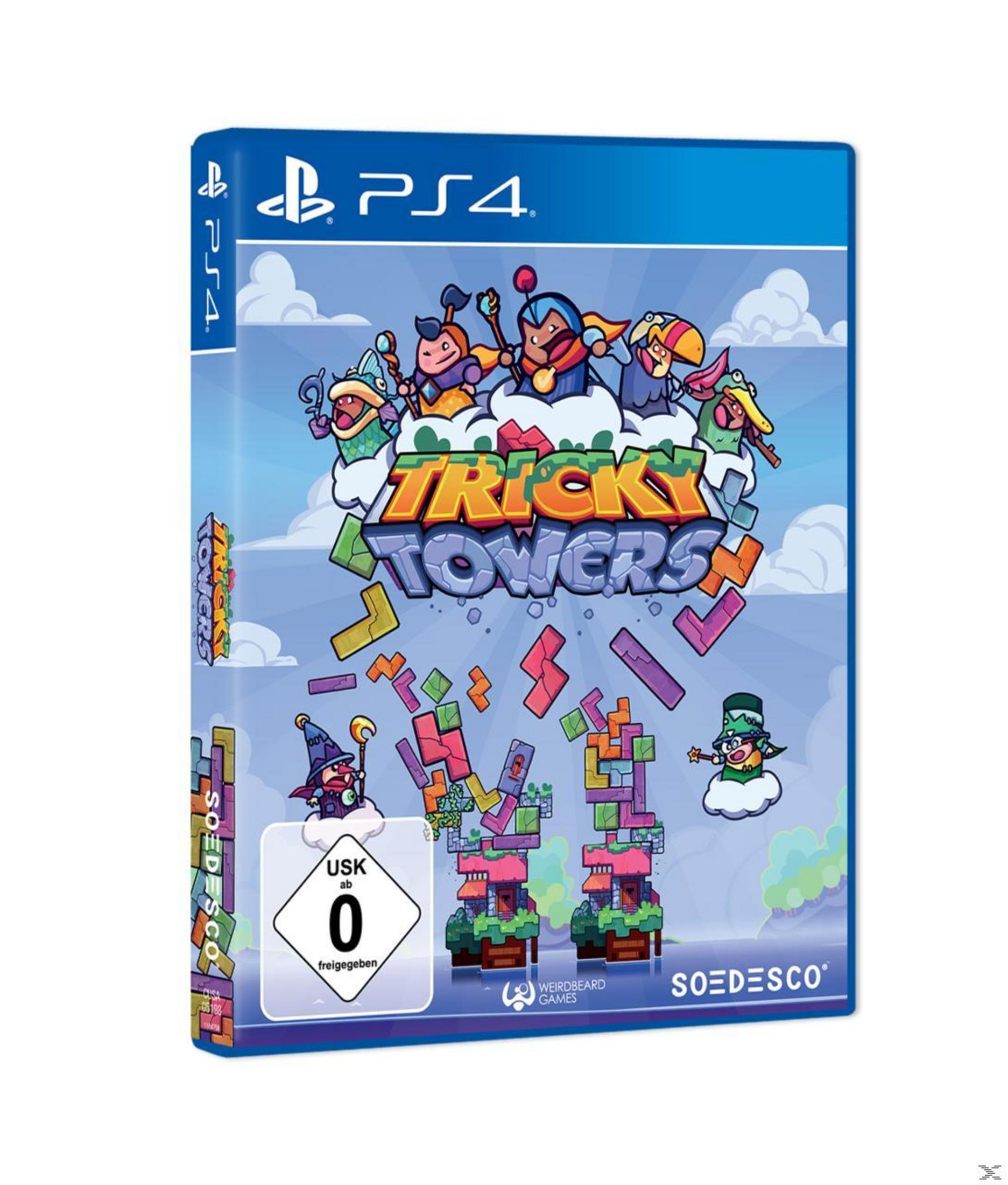 PS4 Spiel 'Tricky Towers' mit bunten Charakteren und Bausteinen.