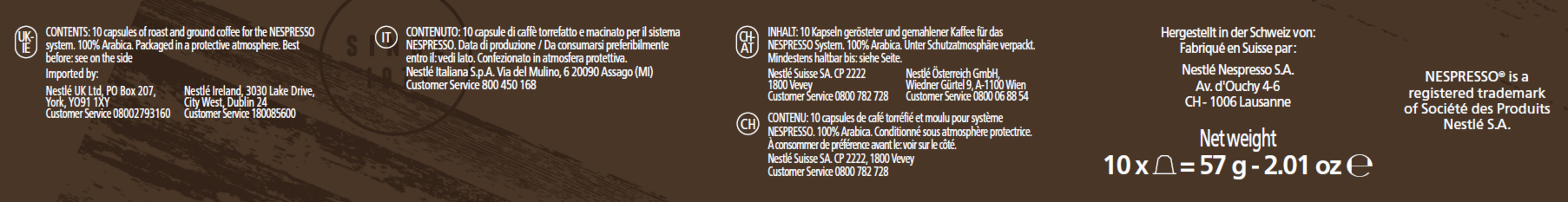 10 Kapseln Nespresso Kaffee, 100% Arabica. Nettogewicht 57g.