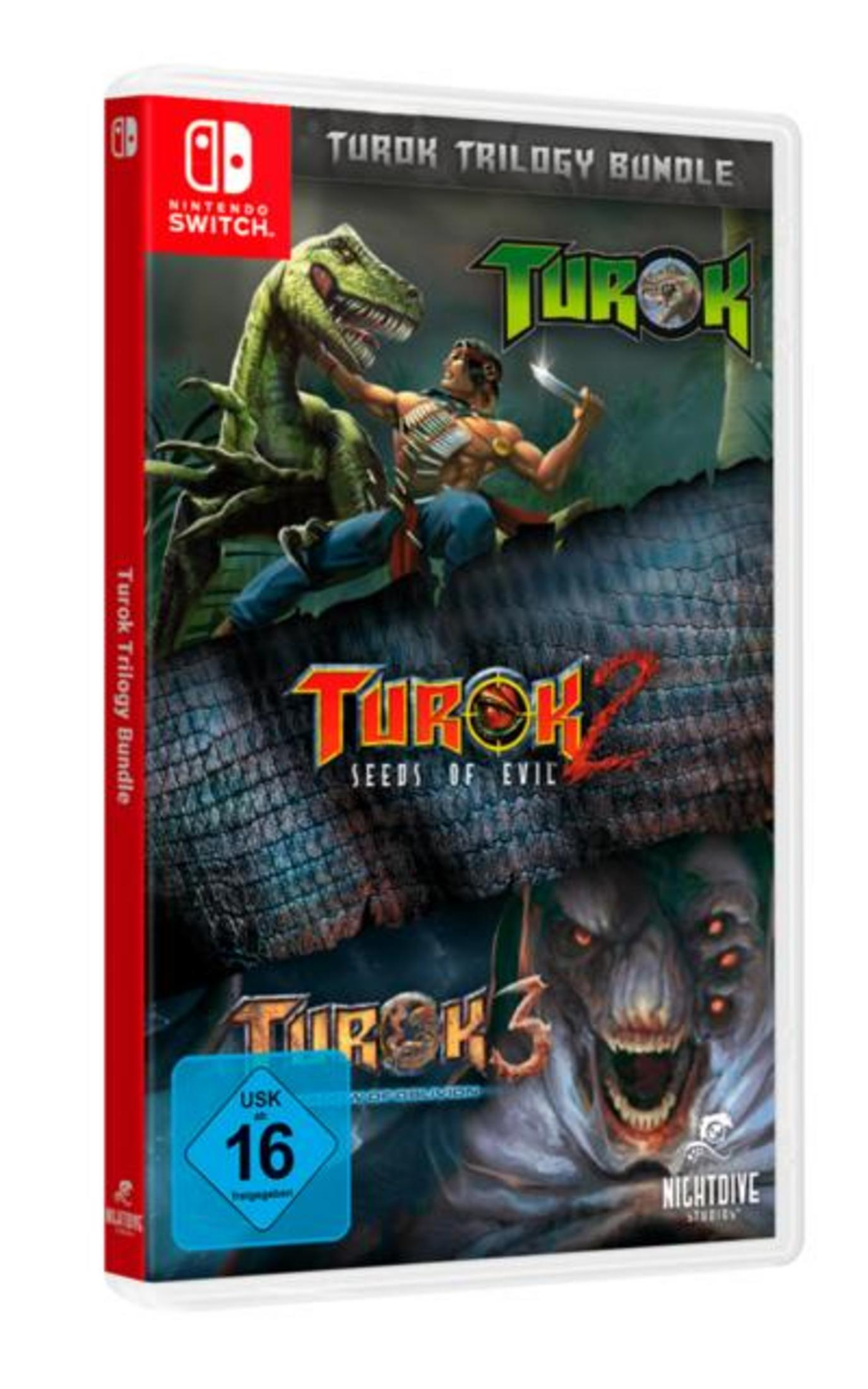 Nintendo Switch Spielhülle: Turok Trilogy Bundle mit Dinosauriern und Monstern.