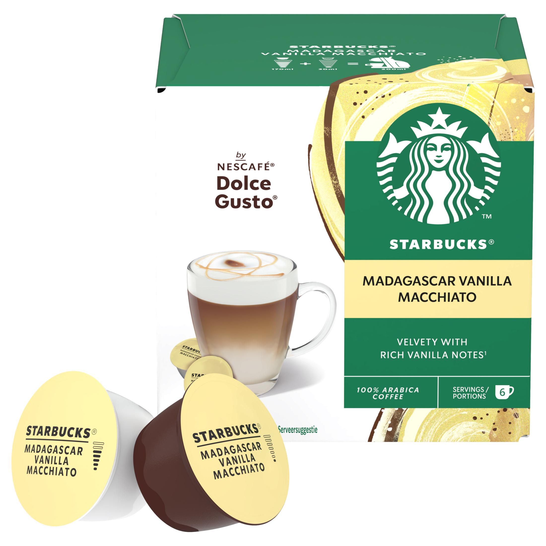 Starbucks Madagaskar Vanille Macchiato Kapseln mit einem fertigen Getränk.
