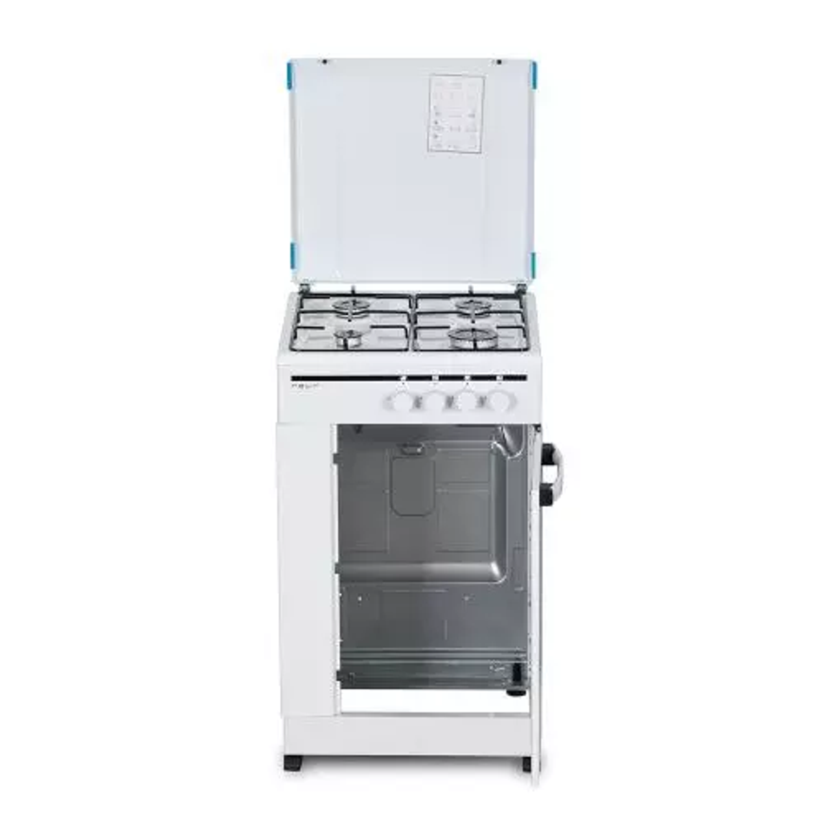 Una cocina de gas blanca con tapa y puerta del horno abiertas, mostrando cuatro quemadores y controles.