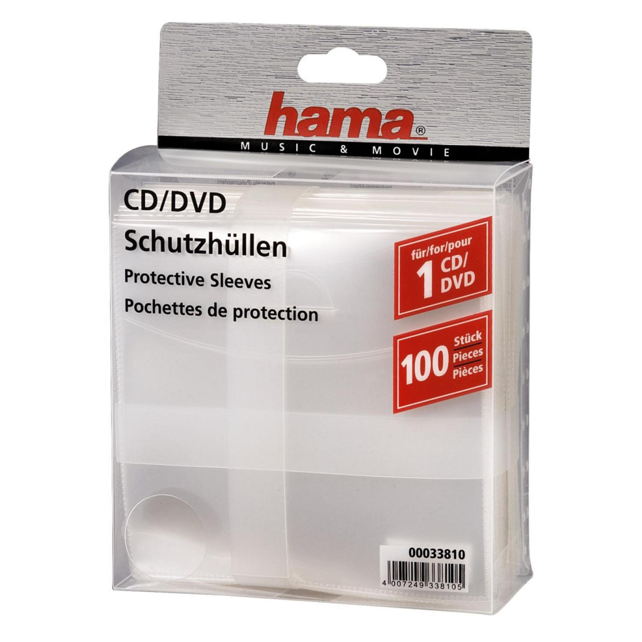 Verpackung mit 100 Hama CD/DVD Schutzhüllen aus transparentem Kunststoff.
