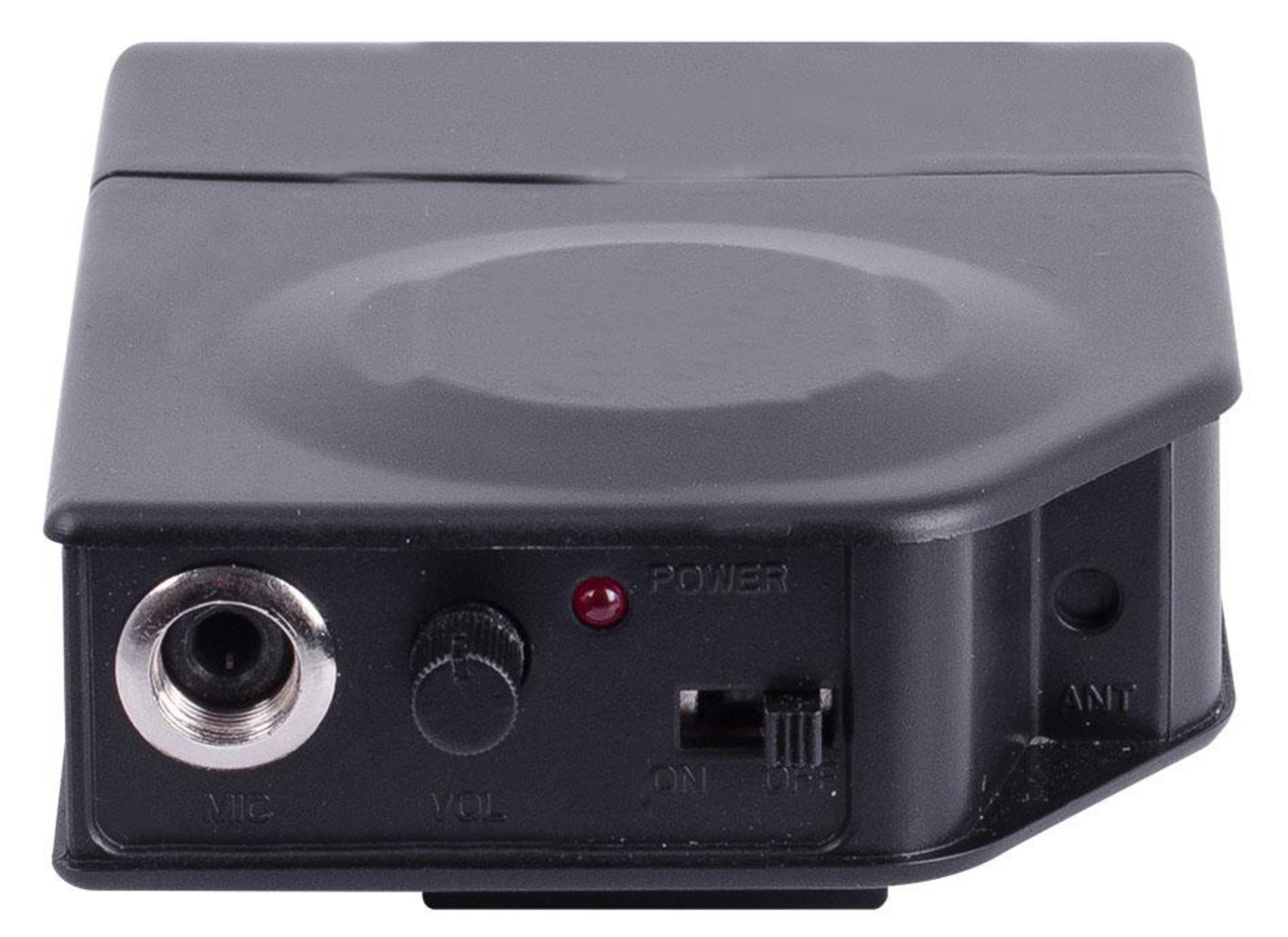 Dispositivo wireless nero con manopola volume, interruttore accensione e ingresso microfono.