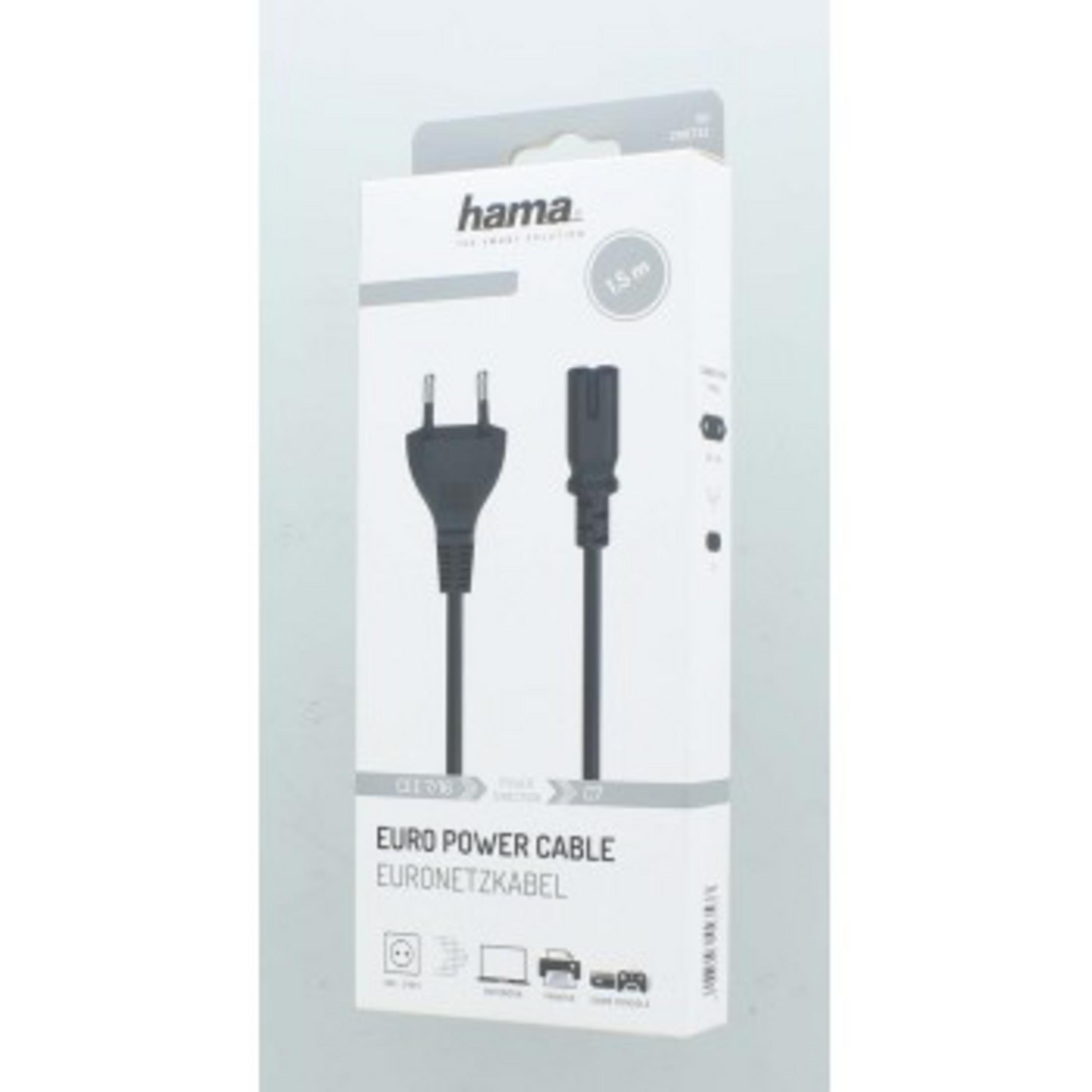 Embalaje de un cable de alimentación Hama negro con enchufe europeo y conector C7.
