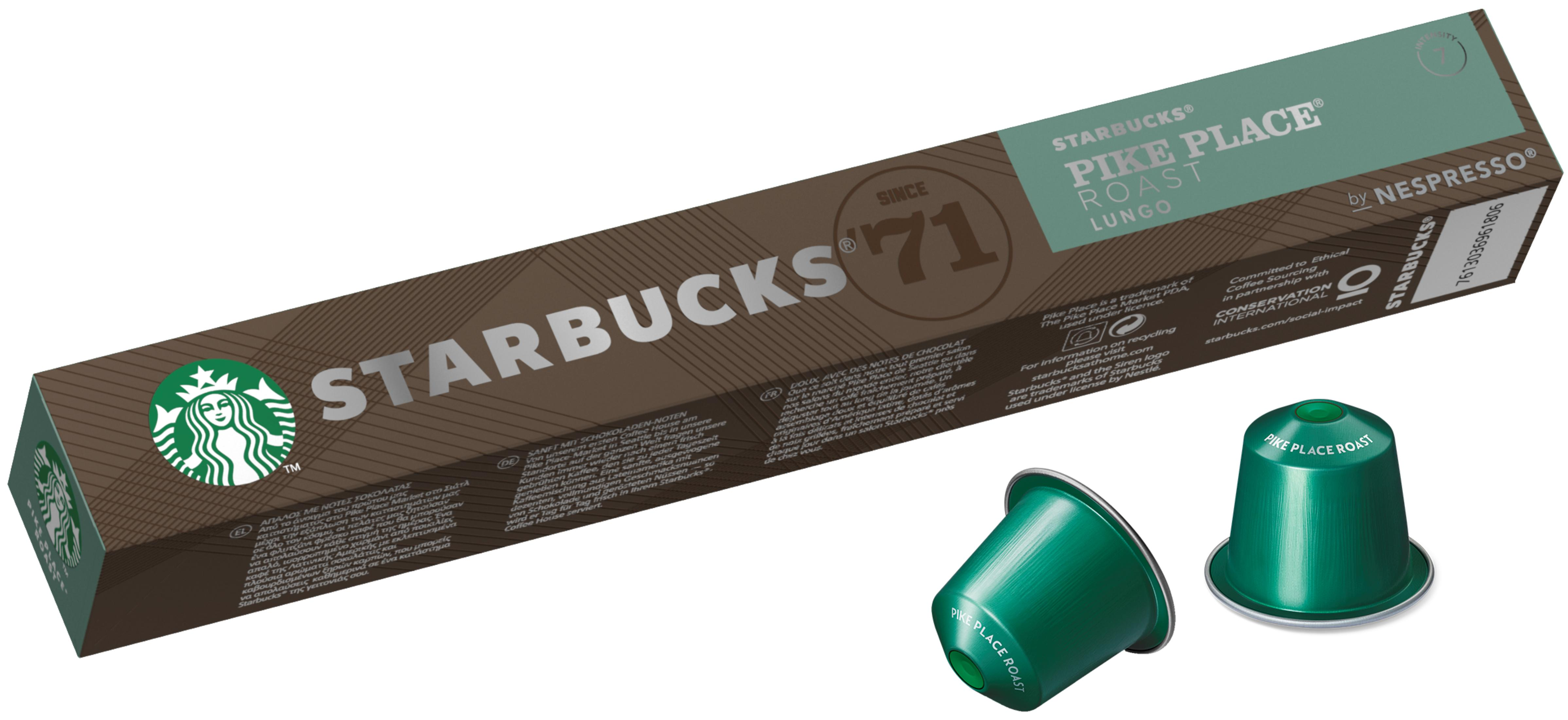 Starbucks Pike Place Roast Lungo Kaffee-Kapseln, braune Packung mit grünen Kapseln.