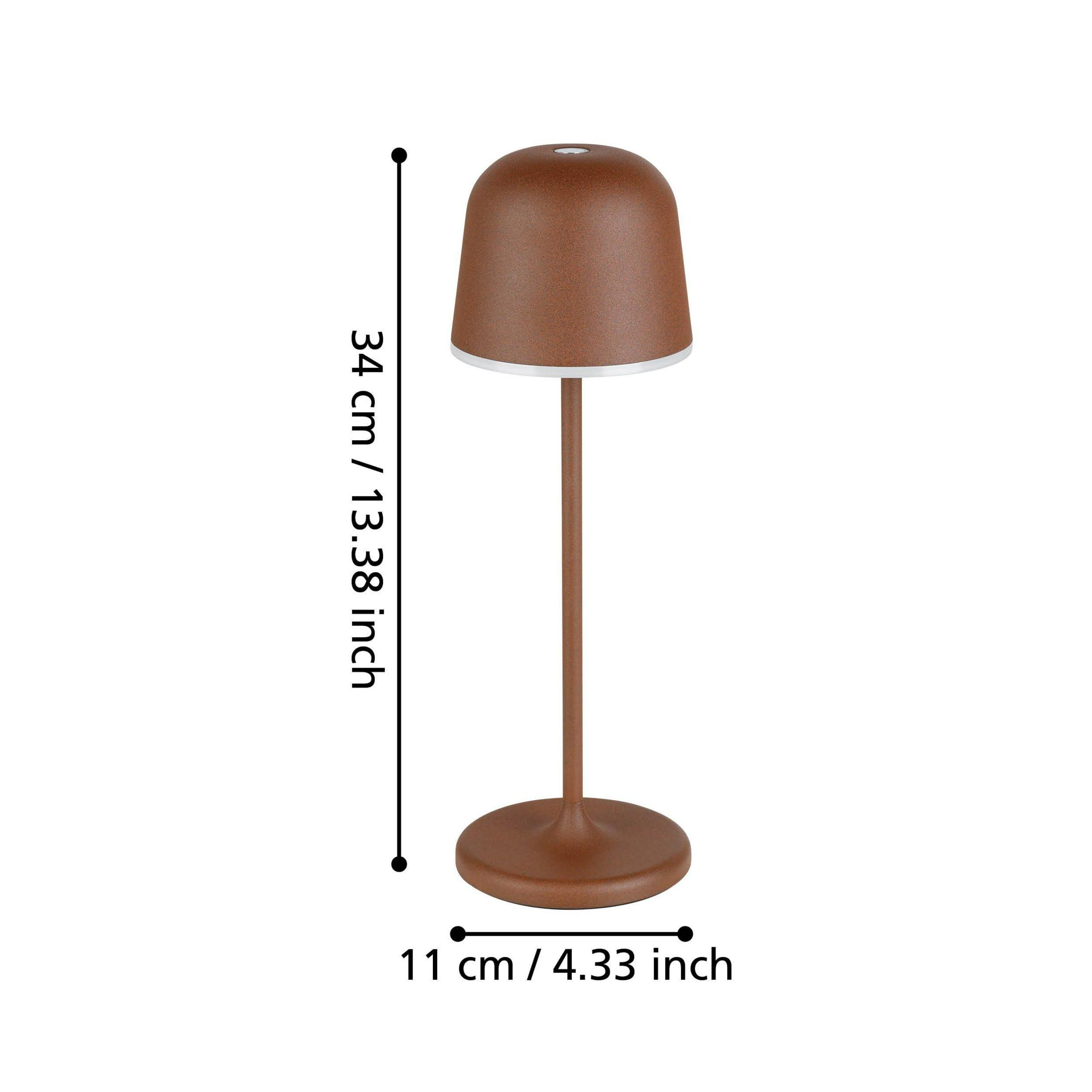 Eine braune Tischlampe mit rundem Fuß und kuppelförmigem Schirm.