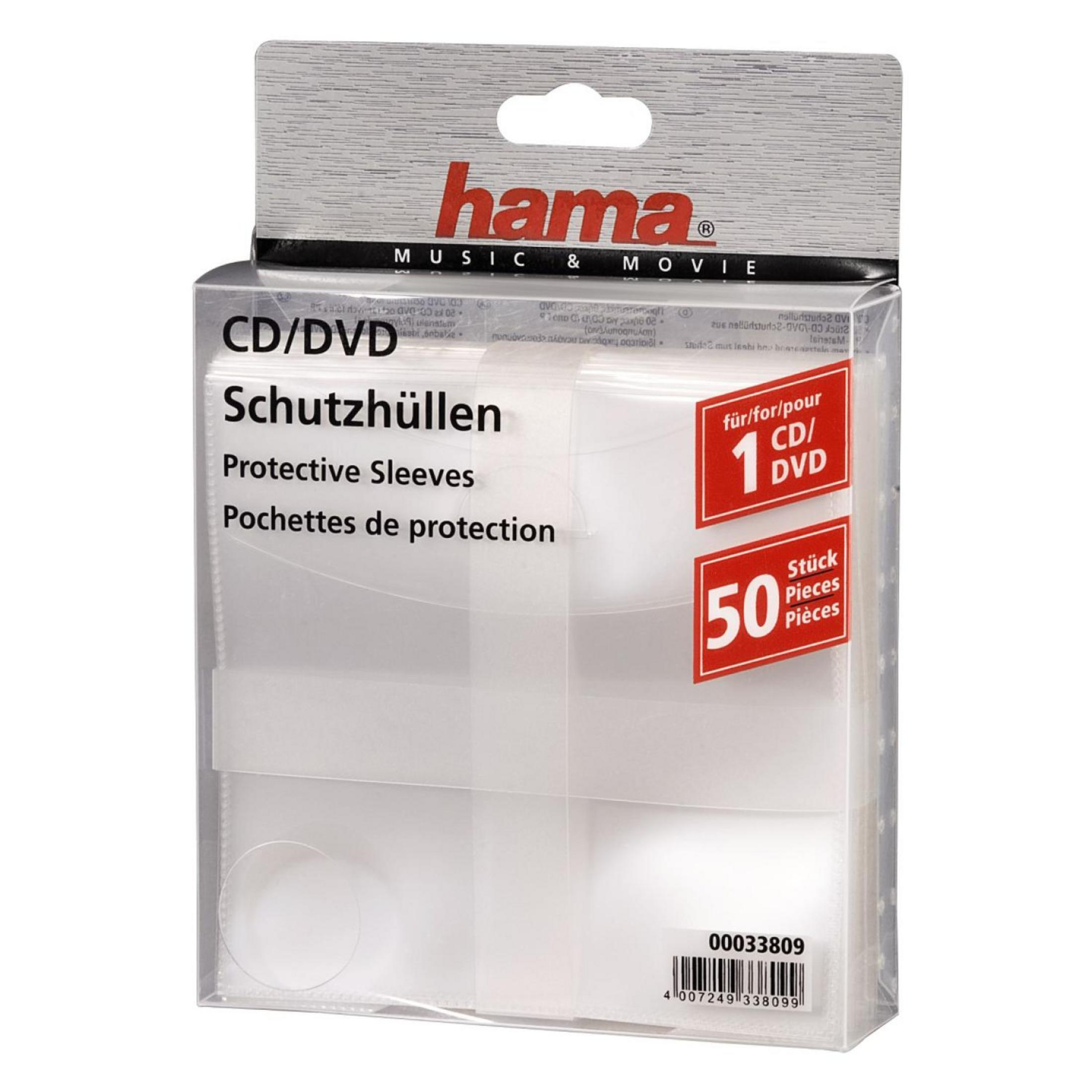 Verpackung mit 50 Hama CD/DVD Schutzhüllen für Musik und Filme.