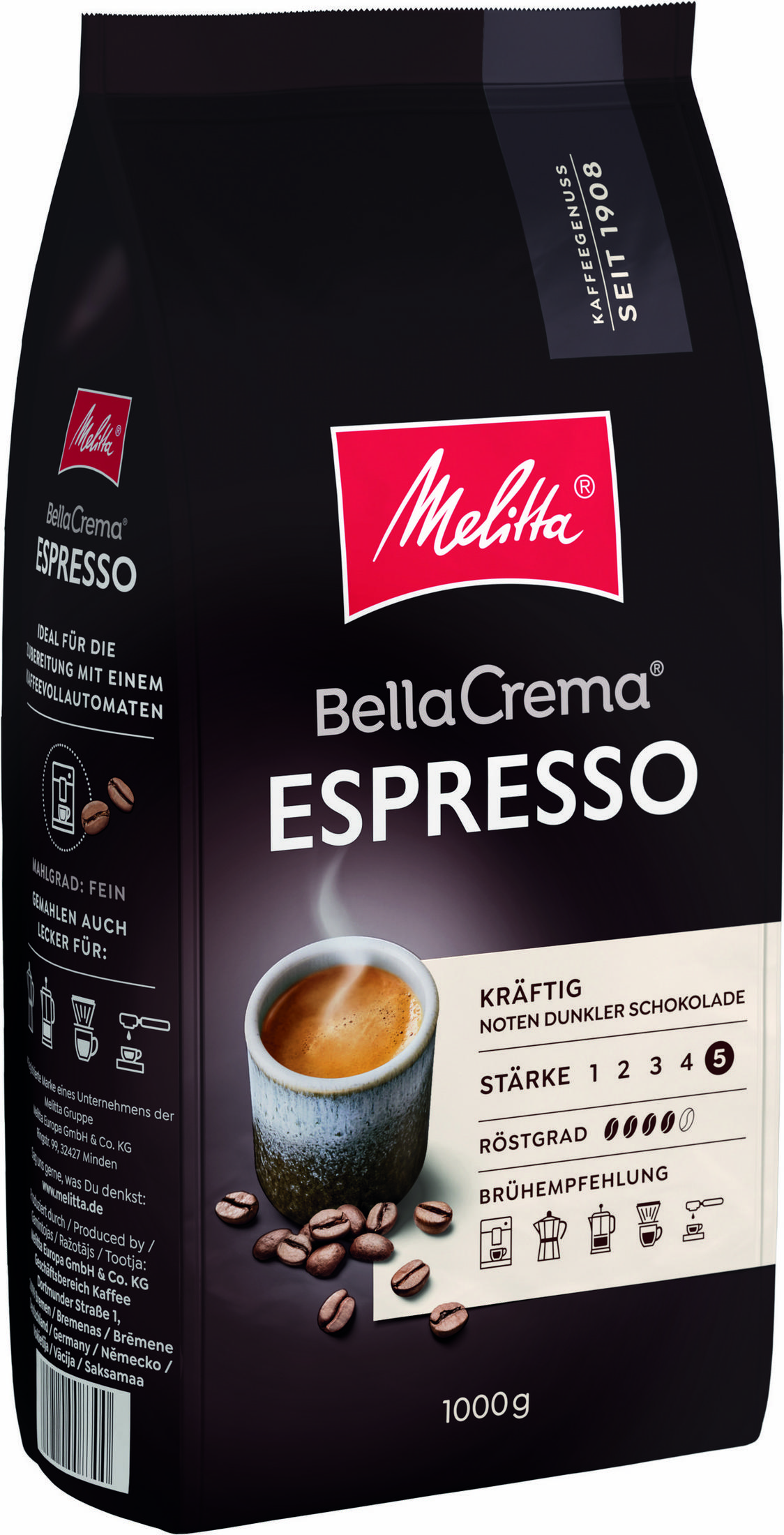 Melitta Bella Crema Espresso Kaffeepackung mit einer Tasse Kaffee und Bohnen.