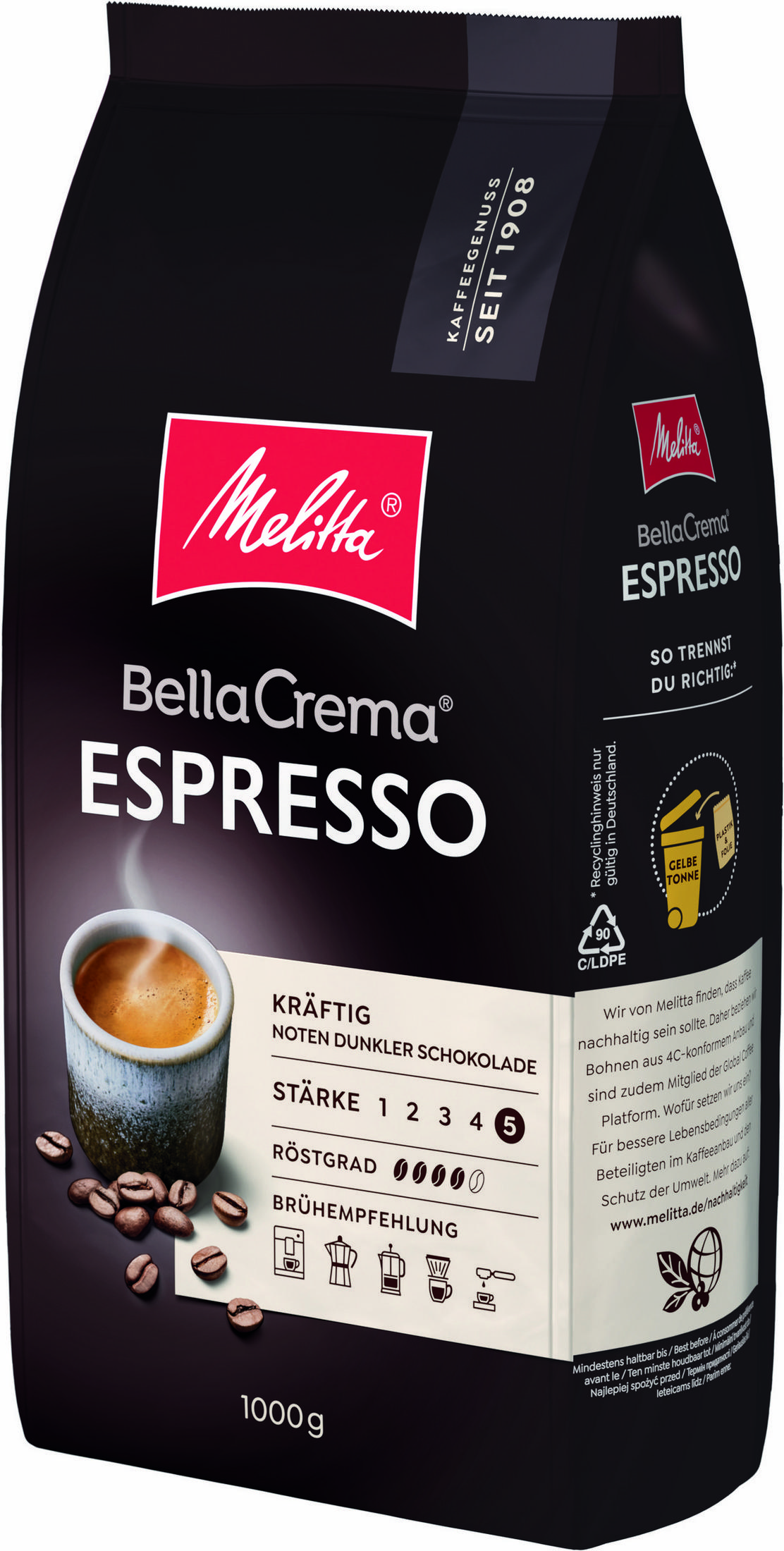 Melitta Bella Crema Espresso Kaffee in dunkler Verpackung mit Tasse und Bohnen.