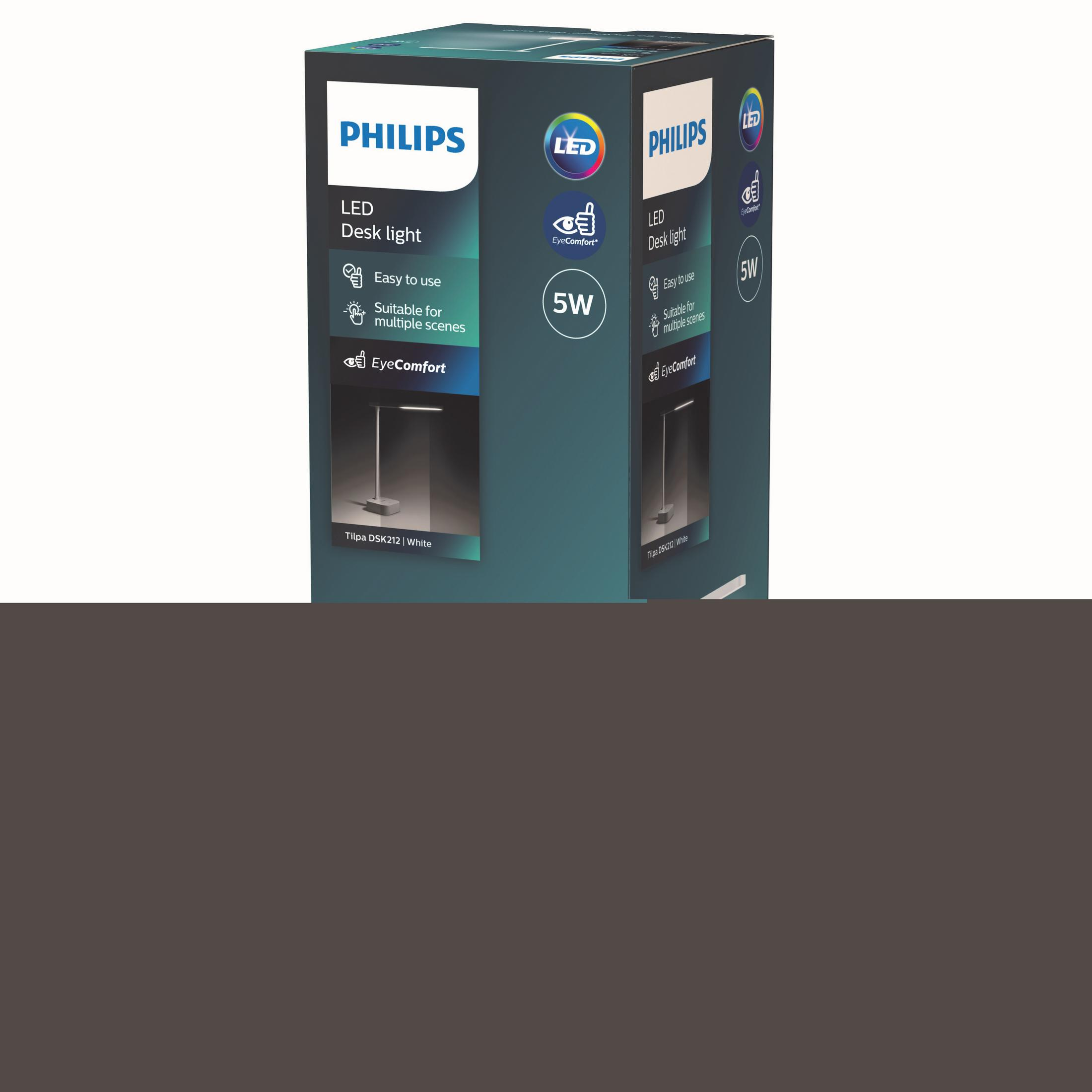 Verpackung einer Philips LED Schreibtischlampe, weiß, 5W, EyeComfort.