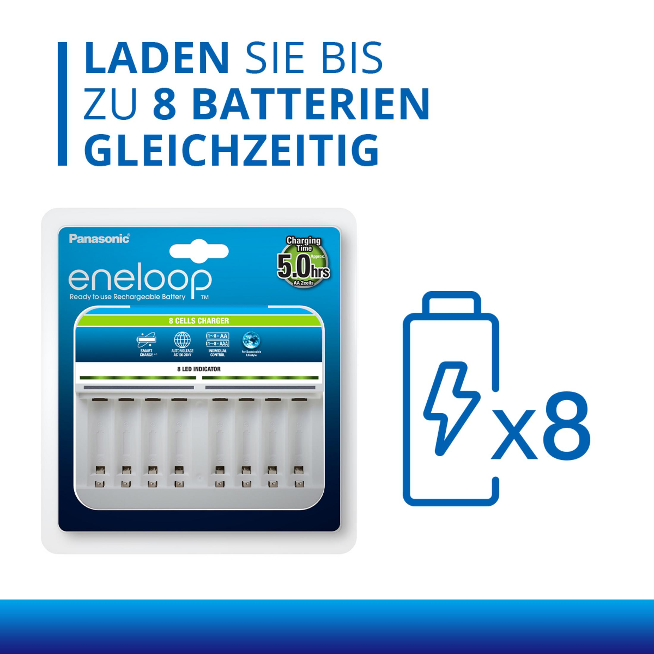 Panasonic eneloop Ladegerät für 8 Batterien. Lädt AA/AAA Batterien.