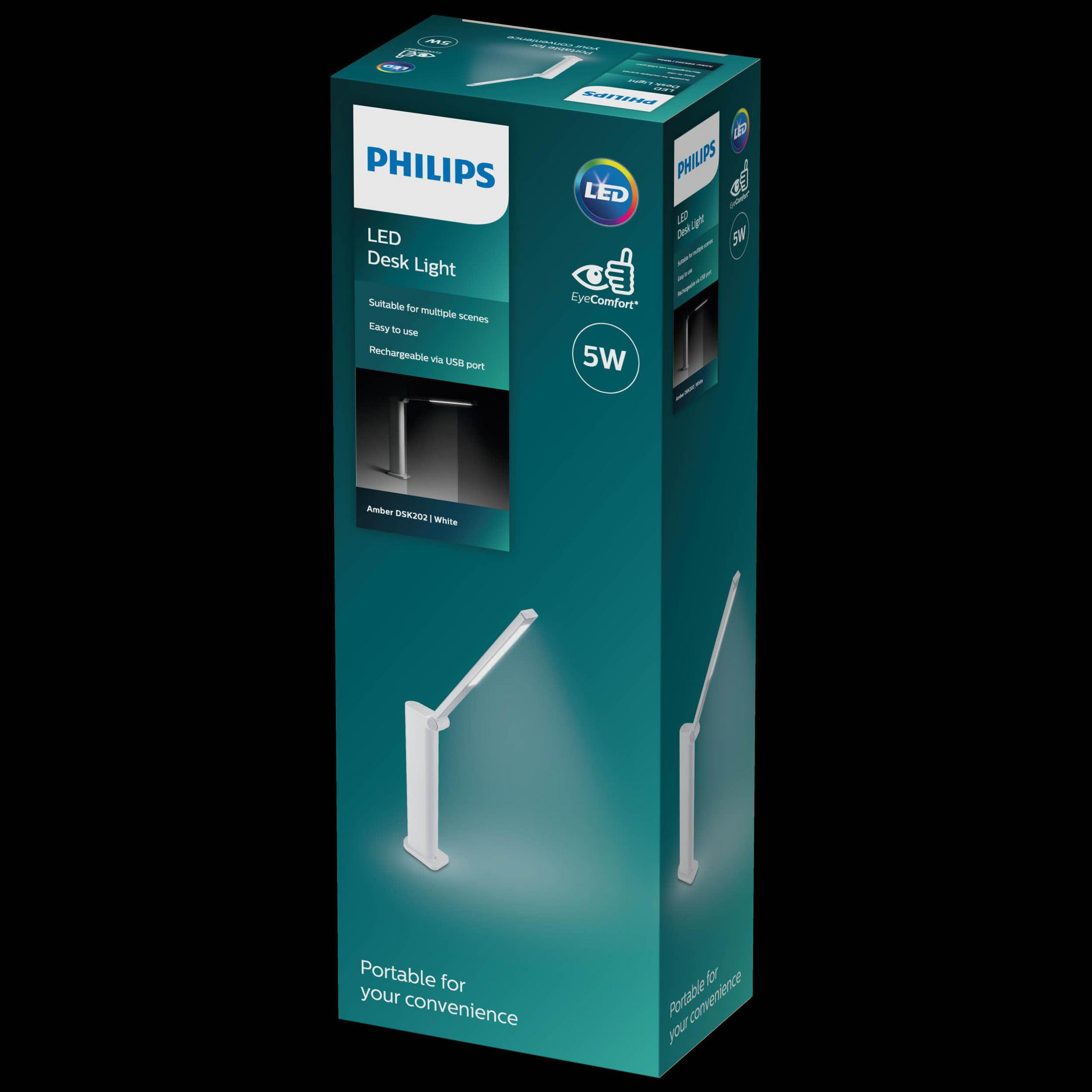 Verpackung einer Philips LED-Schreibtischlampe in Weiß, tragbar.