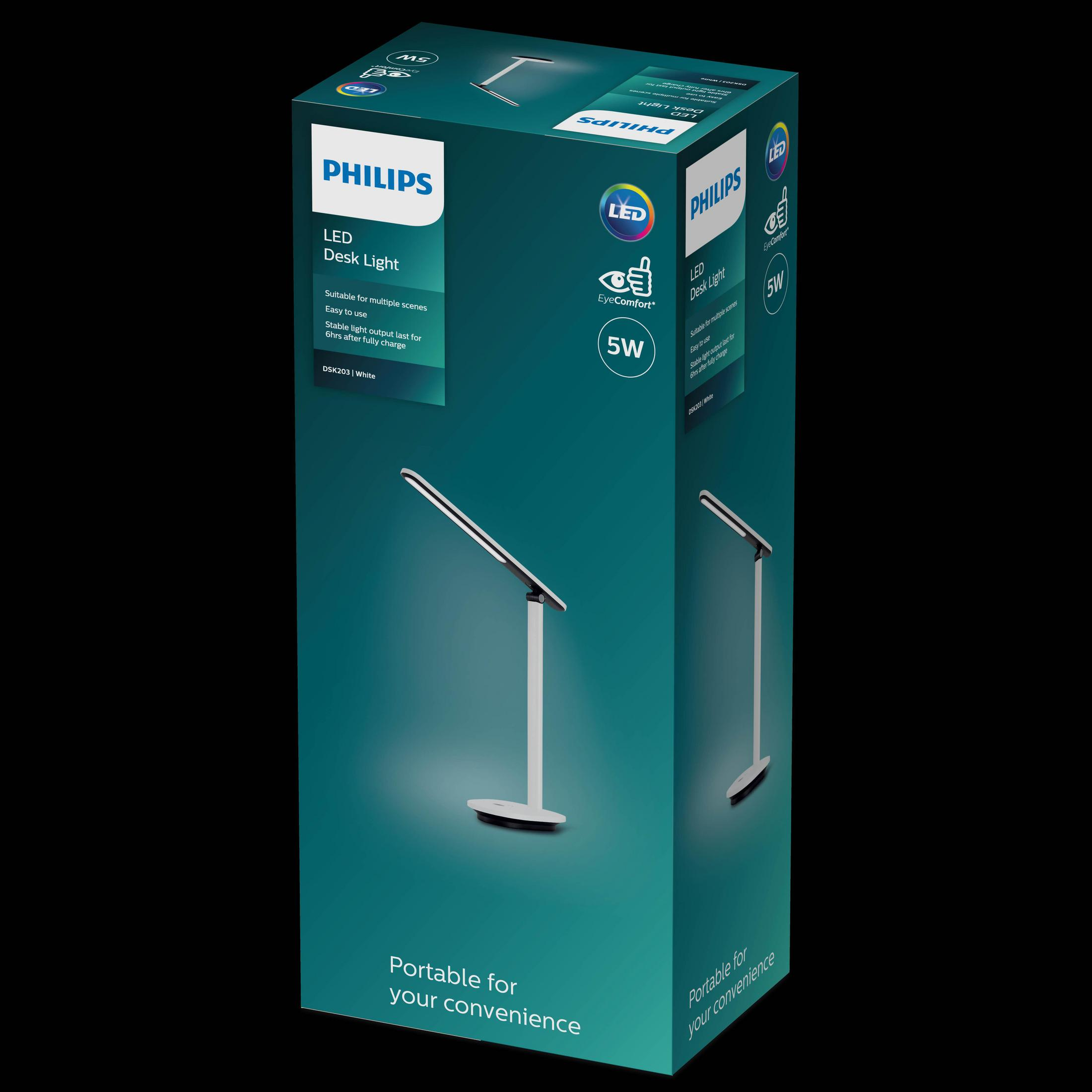 Una lampada da scrivania LED Philips bianca su sfondo scuro.
