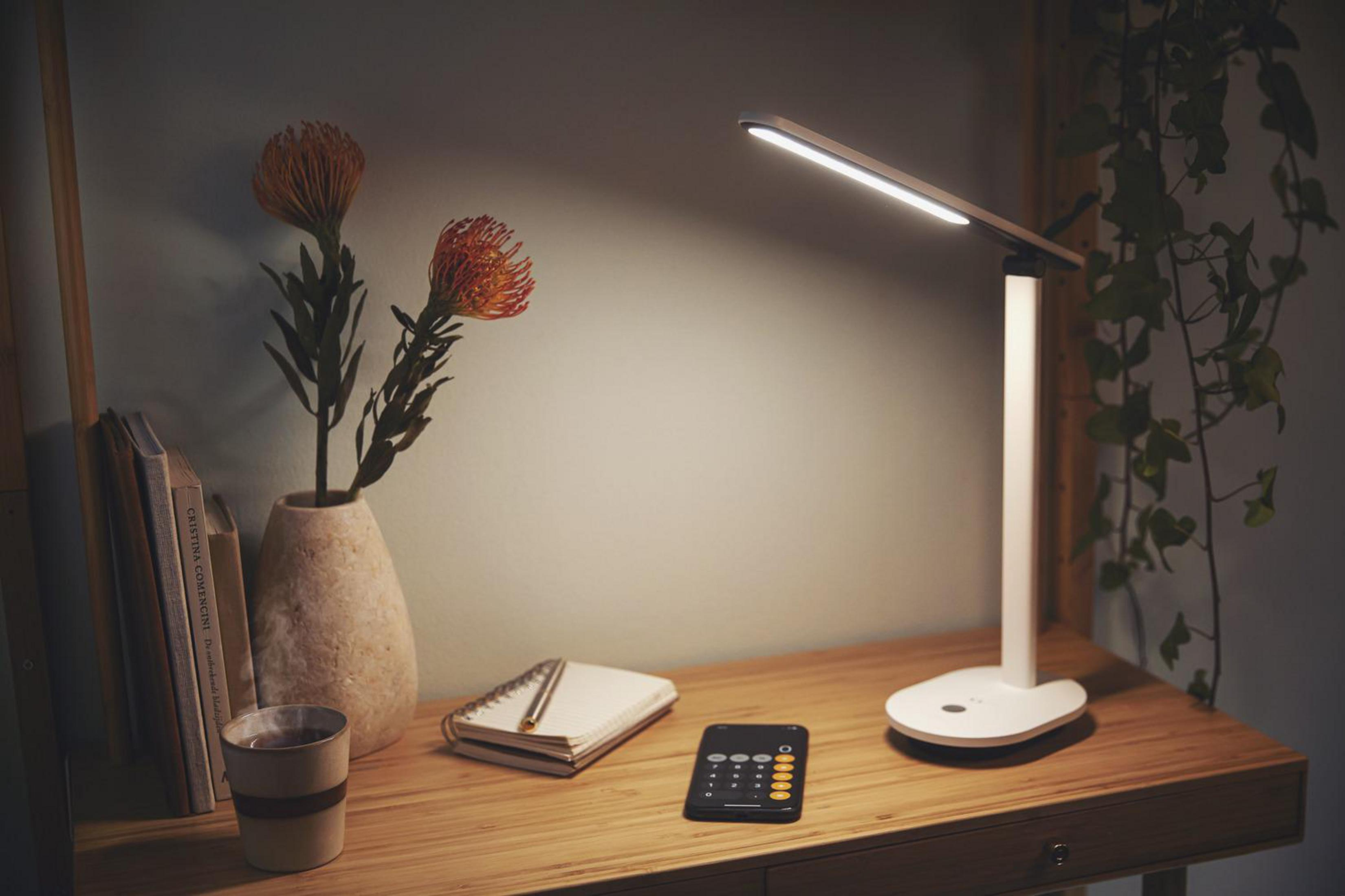 Una scrivania con lampada, libri, vaso con fiori, tazza e telefono.