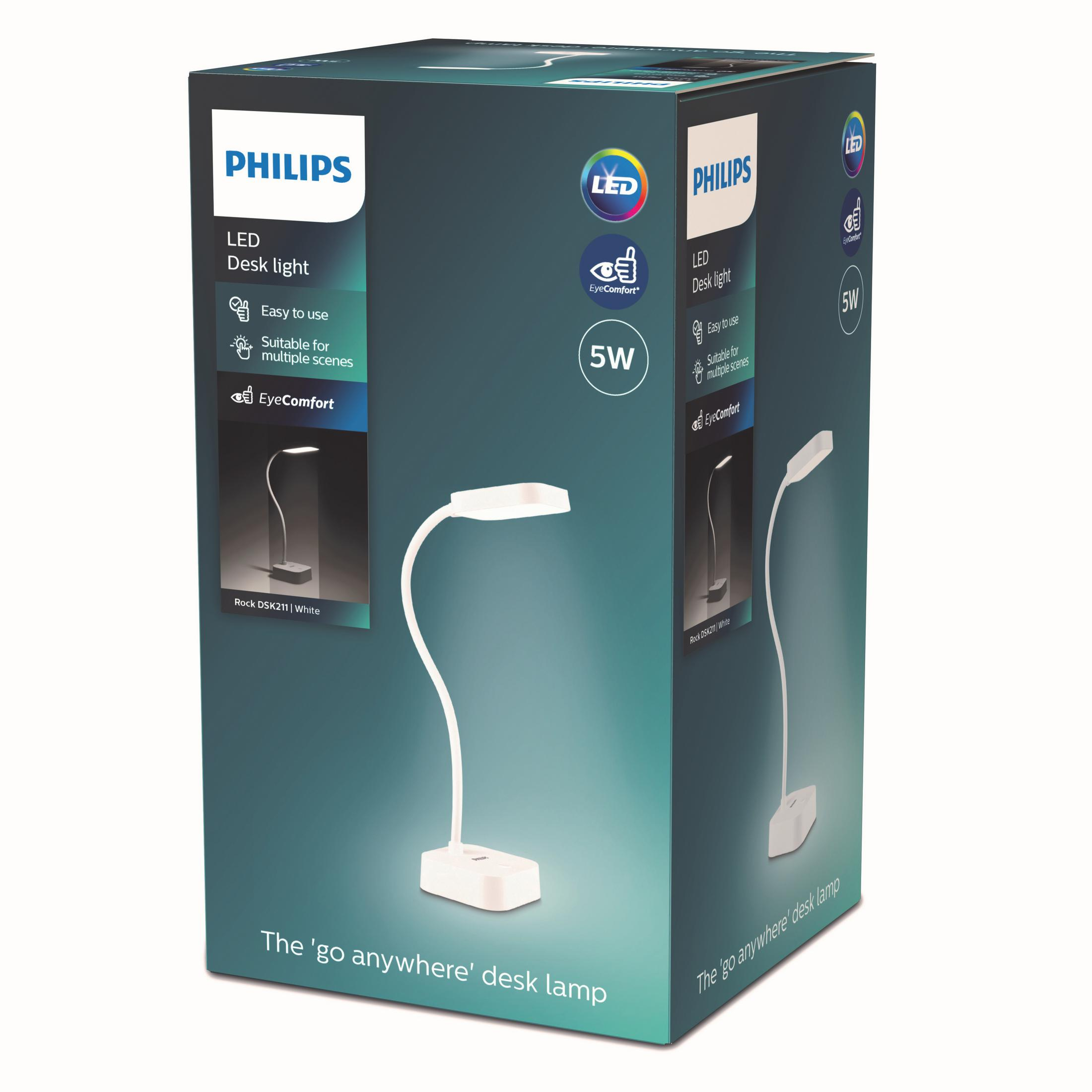 Lampada da scrivania LED Philips bianca su scatola con immagini e dettagli.