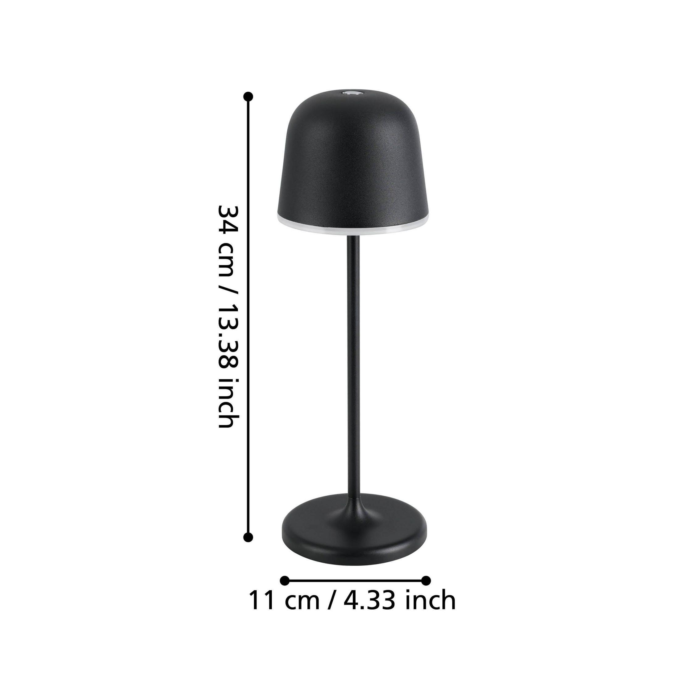 Eine schlanke schwarze Lampe auf einem runden Sockel mit Maßangaben.
