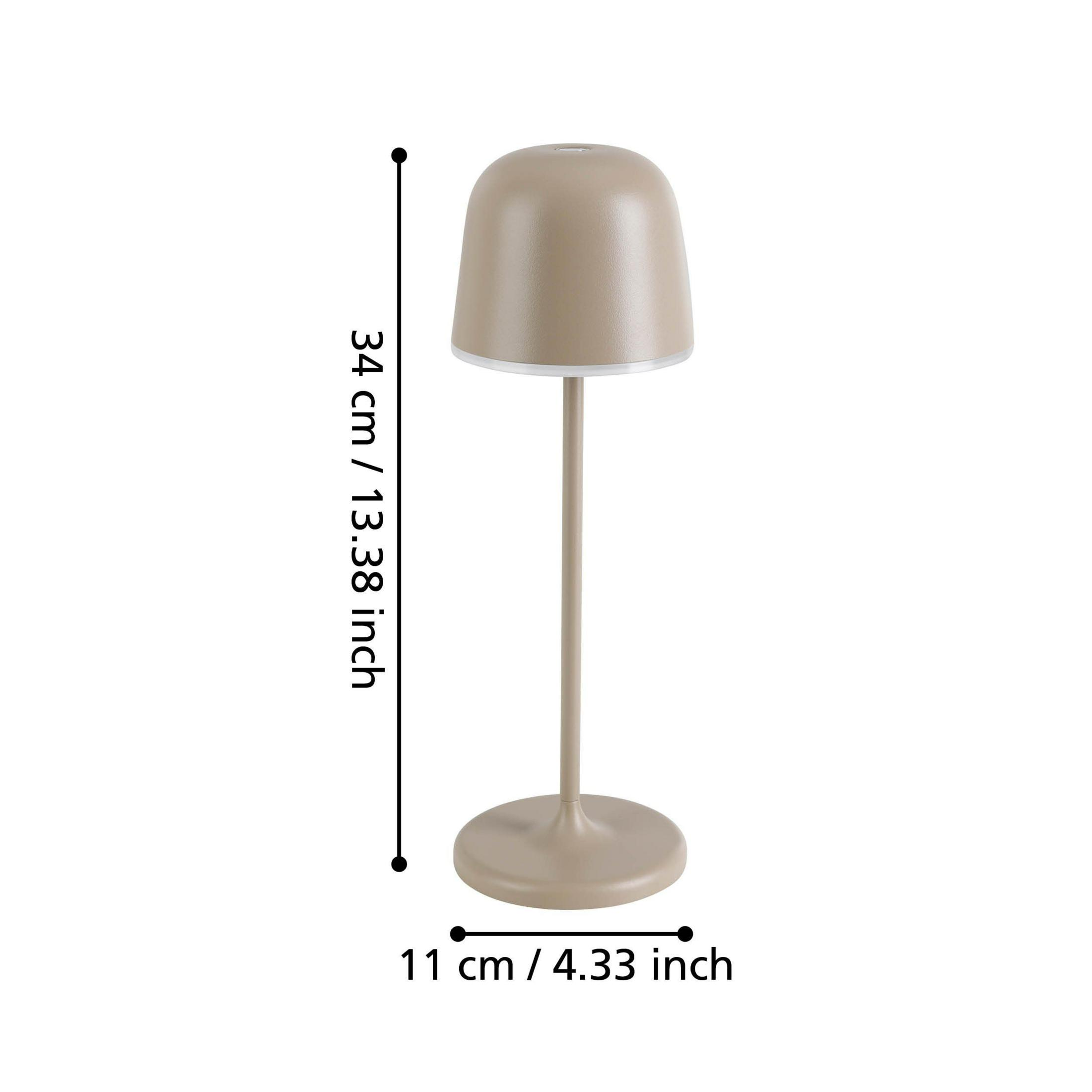 Eine kleine, beige Tischlampe mit rundem Fuß und schlankem Stiel.
