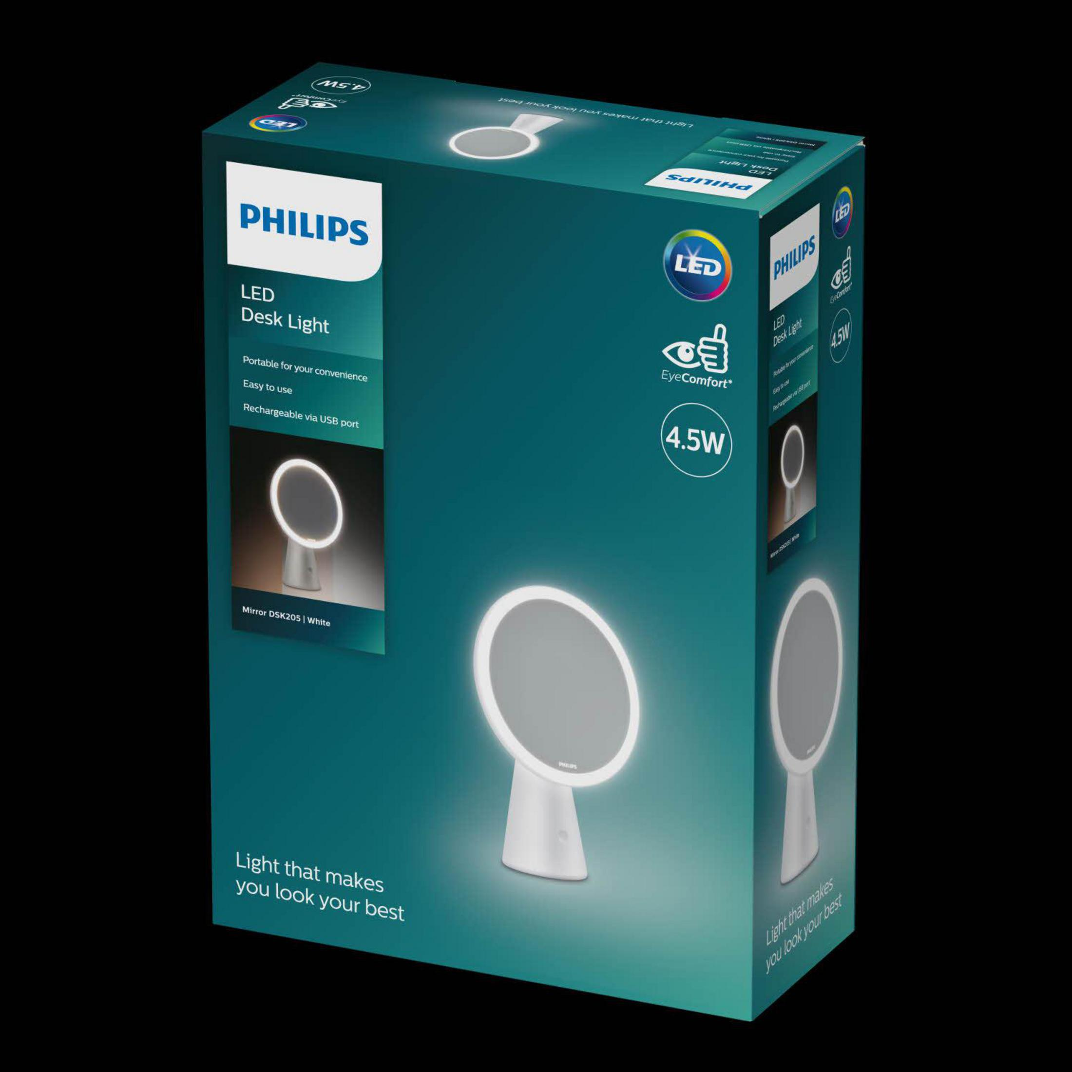 Verpackung einer Philips LED-Schreibtischlampe mit Spiegel und Ringlicht.