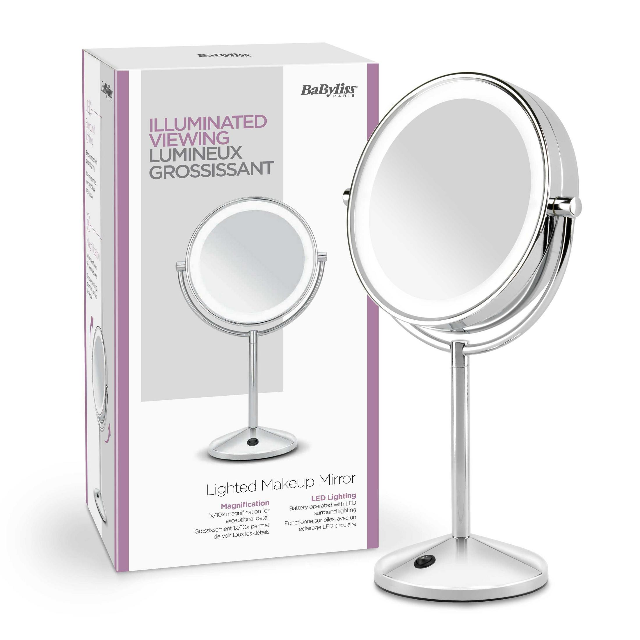 Ein beleuchteter Make-up-Spiegel aus Chrom mit silbernem Ständer und Box.