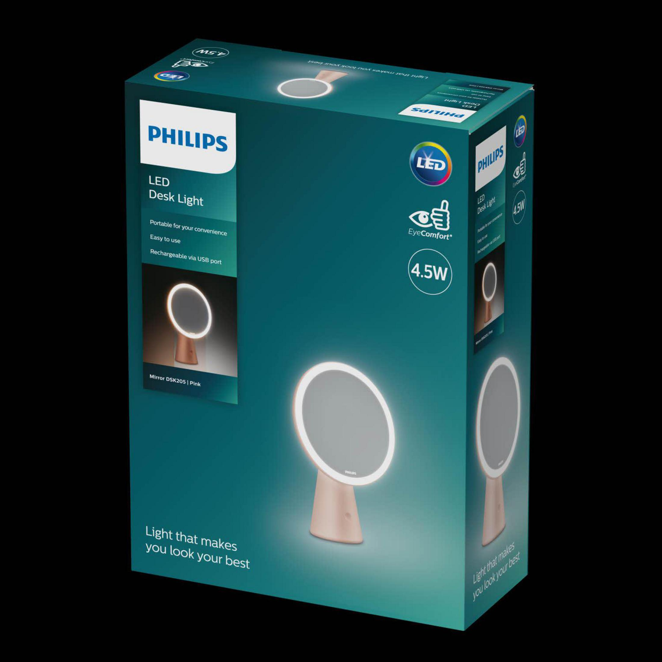 Philips LED Schreibtischlampe mit Spiegel, 4,5W, rosa. Tragbar, einfach zu bedienen.