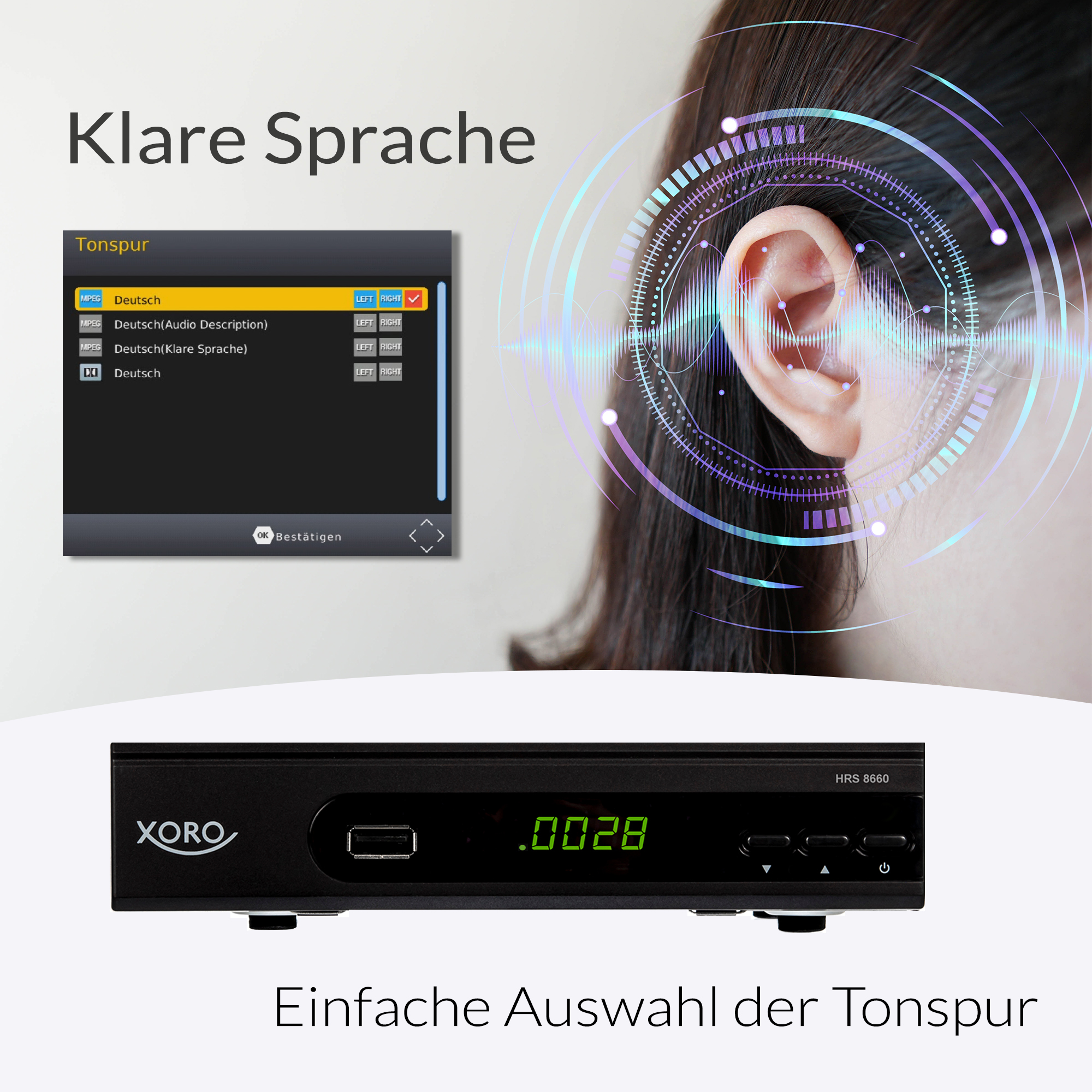 TV-Receiver mit Menü zur Tonspurauswahl und stilisierter Darstellung von Schallwellen am Ohr.