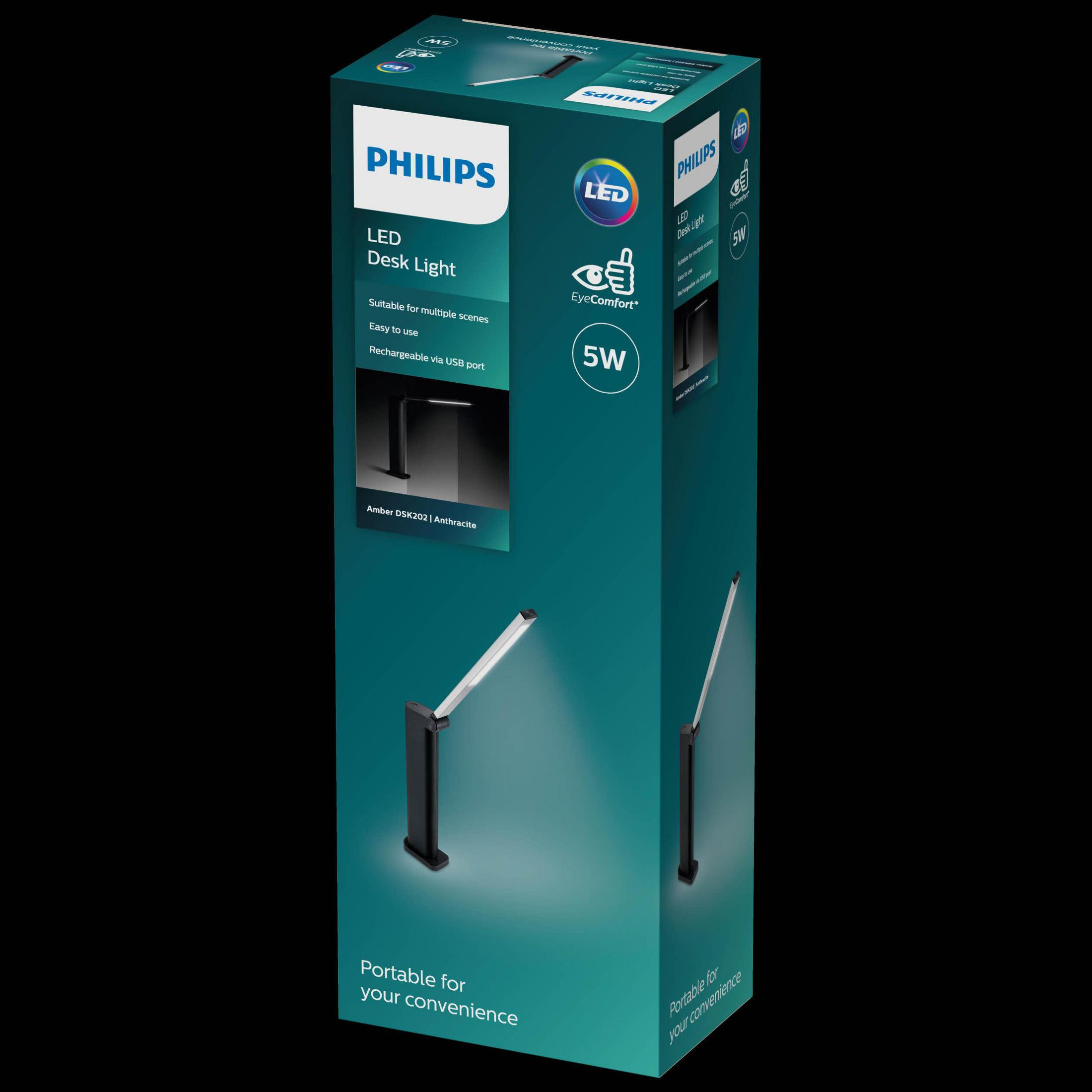 Verpackung einer Philips LED-Schreibtischlampe in Anthrazit, 5W.