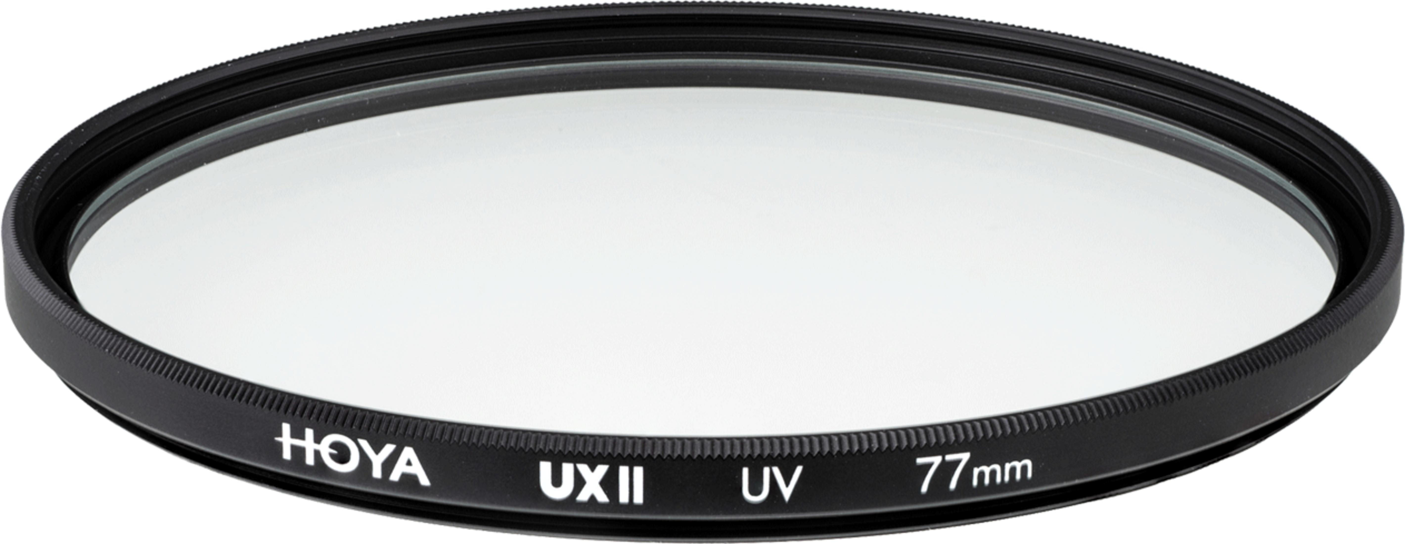 Ein runder HOYA UX II UV-Filter mit 77 mm Durchmesser und schwarzem Metallrahmen.
