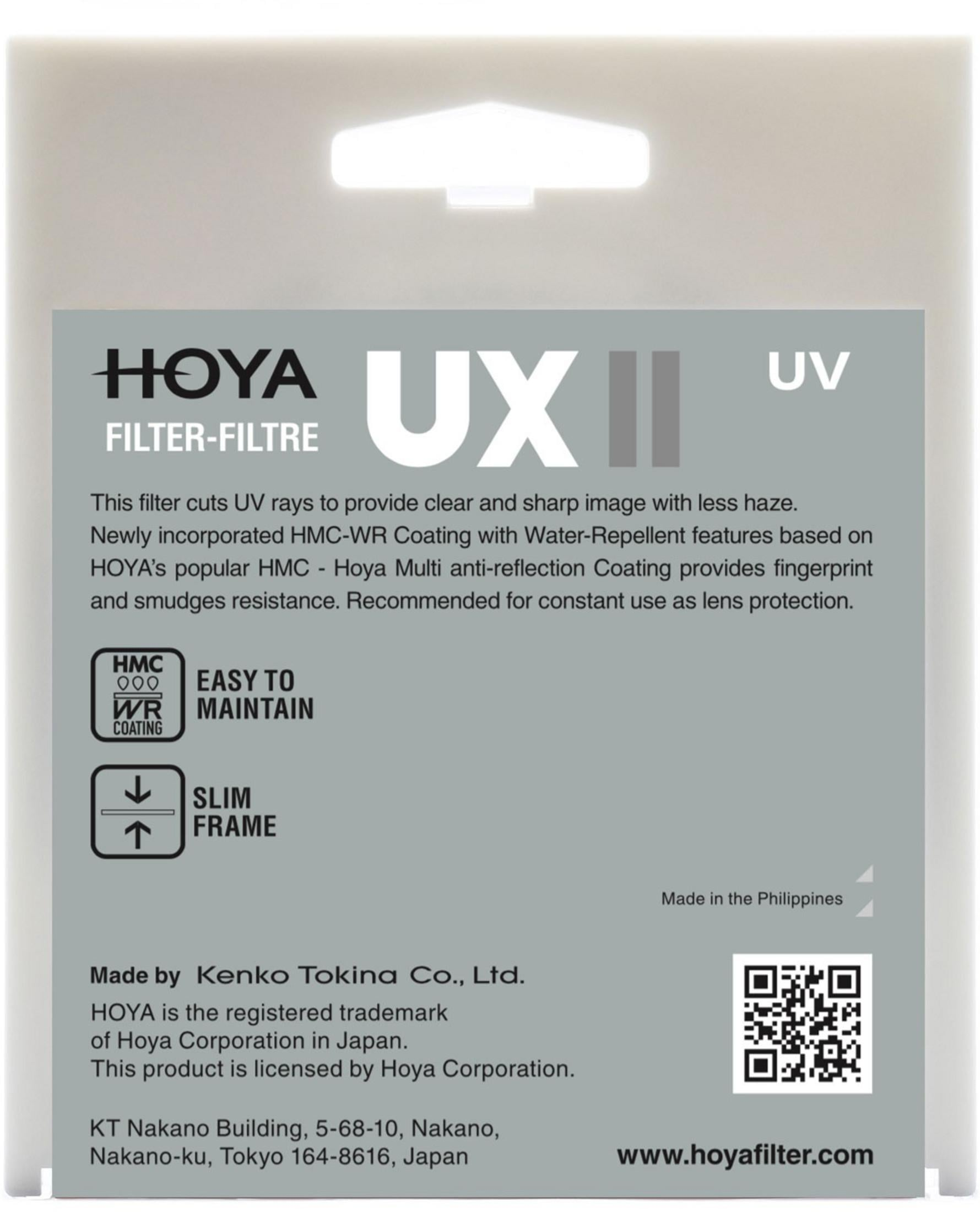 Verpackung für HOYA UX II UV-Filter mit HMC-WR Beschichtung.