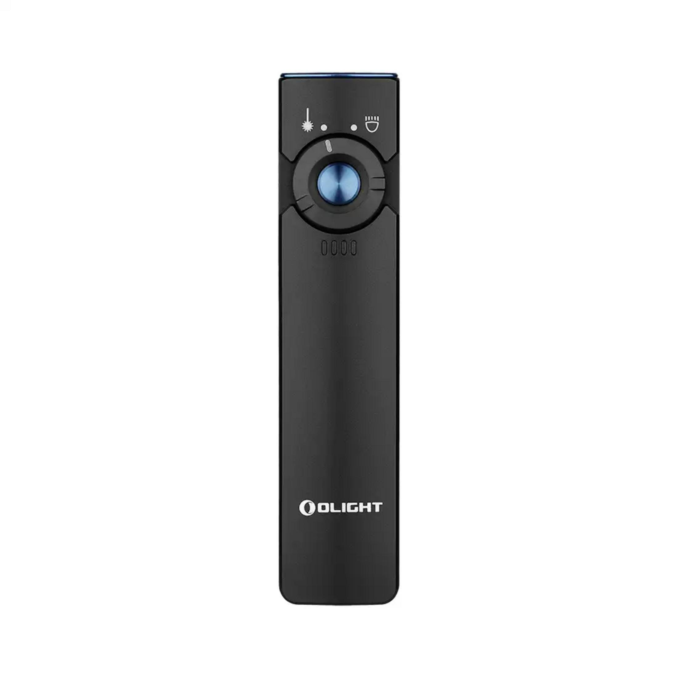 Mando a distancia Olight negro con botón azul e iconos arriba.