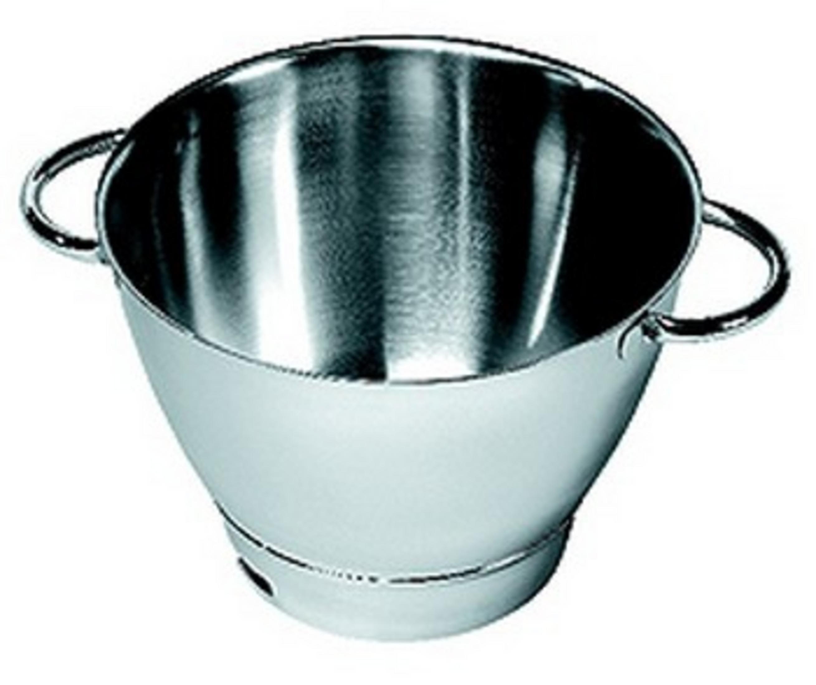 Eine glänzende Metallschale mit zwei Griffen.
