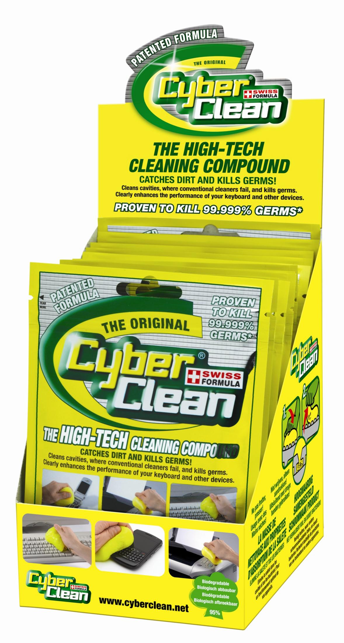 Verpackung von Cyber Clean, einem Reinigungsgel, das Schmutz und Keime entfernt.