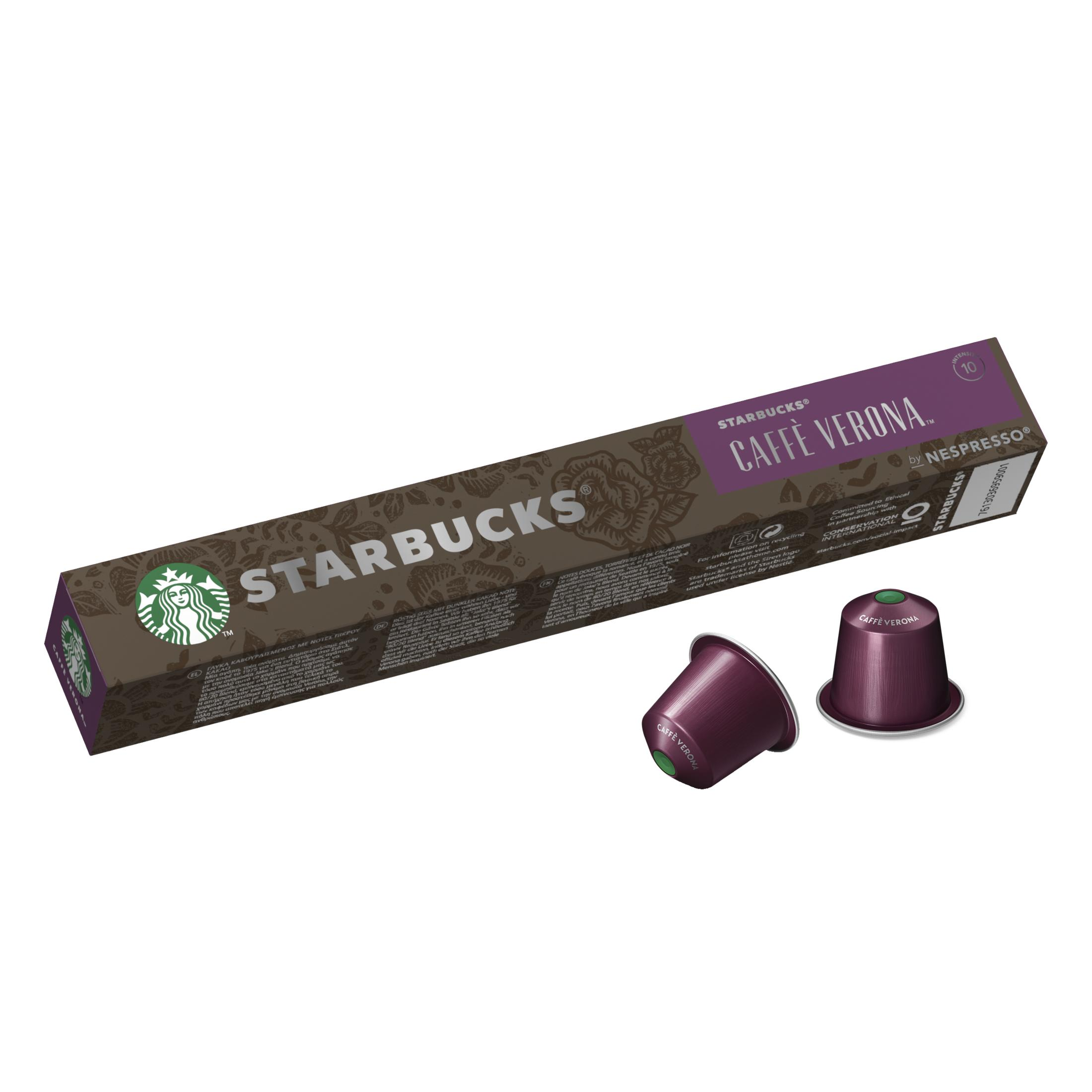 Eine Packung und zwei Kapseln Starbucks Caffè Verona Nespresso Kaffee.