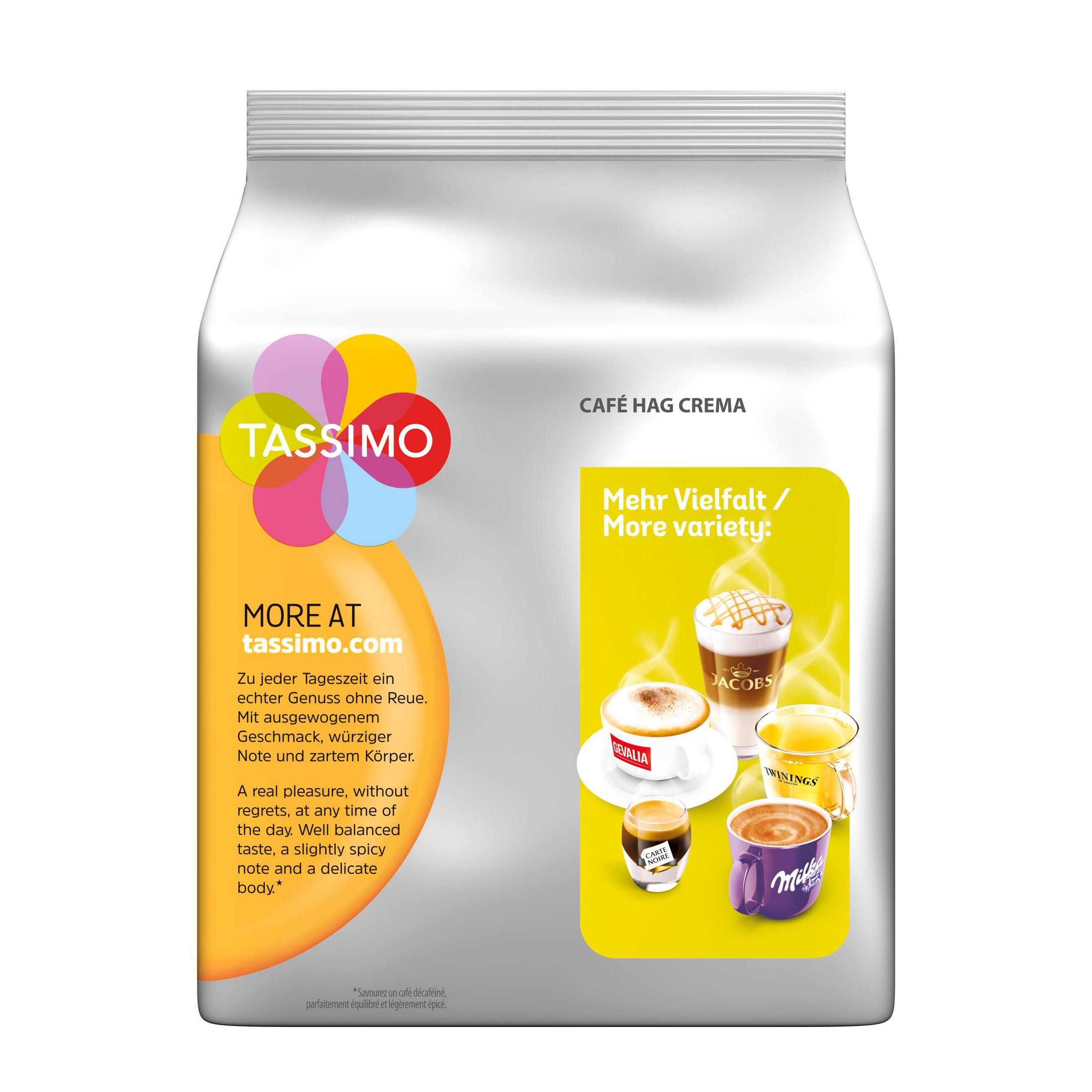 Confezione di crema di caffè Tassimo con varie bevande come caffè e tè.