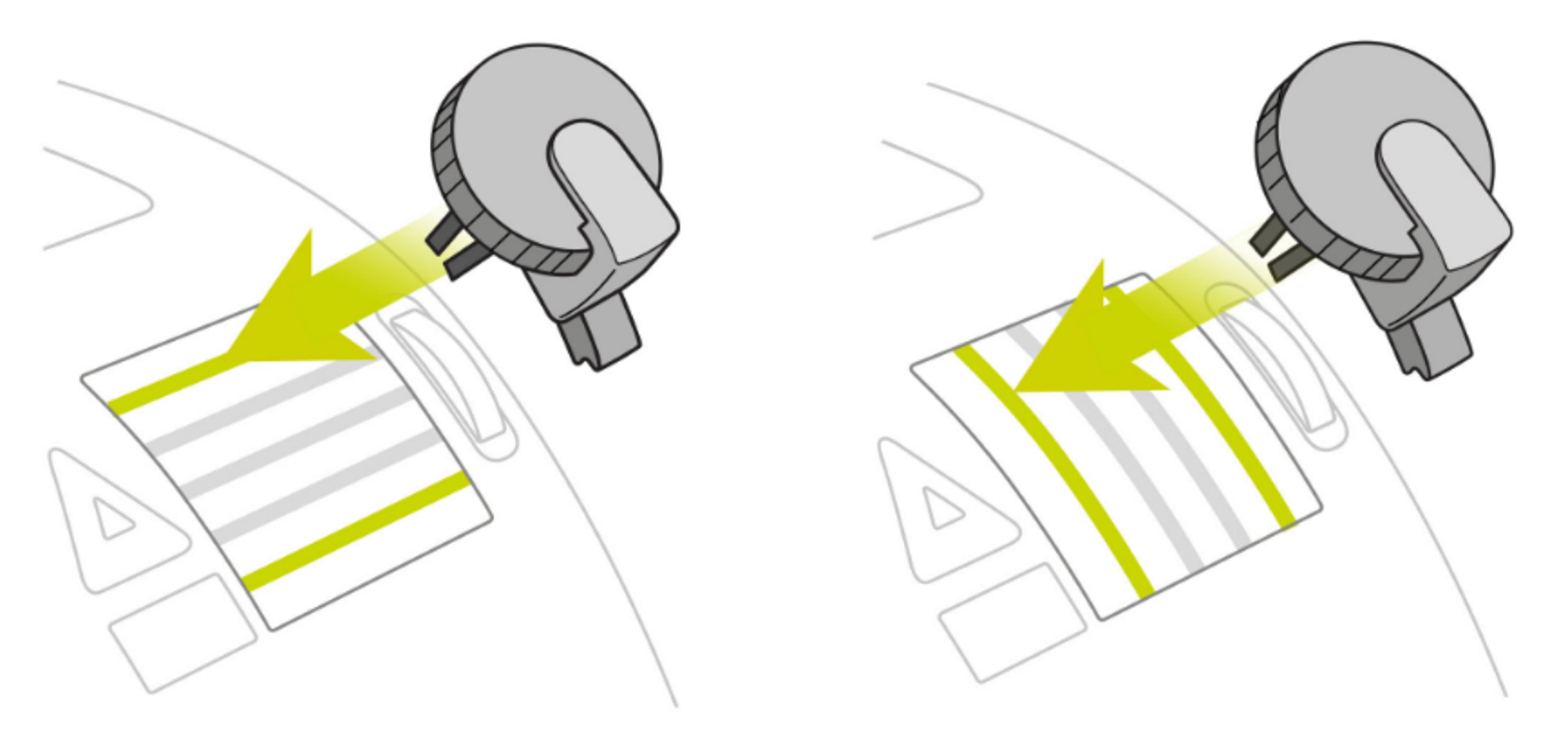Szary uchwyt z żółtą strzałką wskazującą na pasiastą powierzchnię.