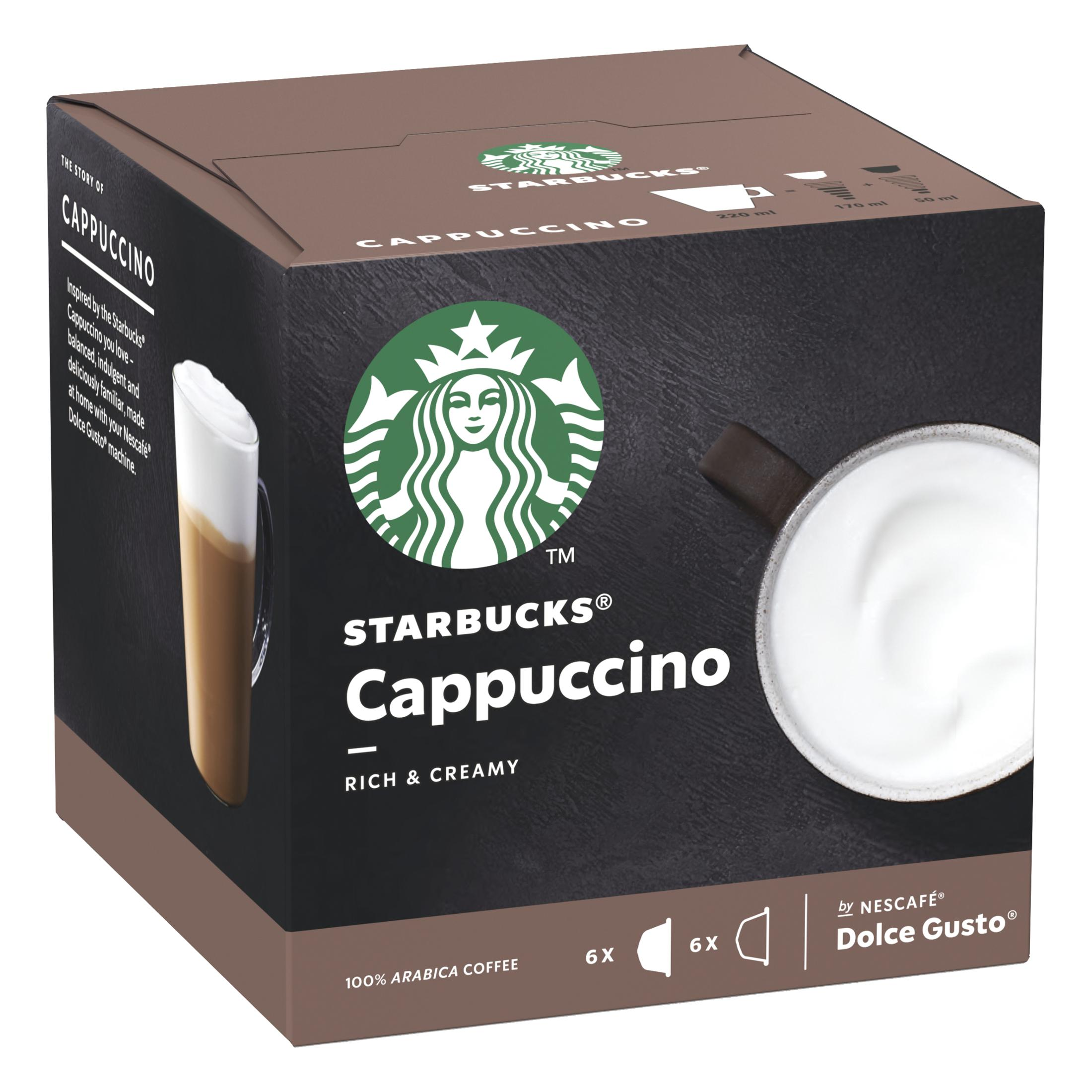 Scatola Starbucks Cappuccino con immagine di bevanda preparata e logo Nescafé.