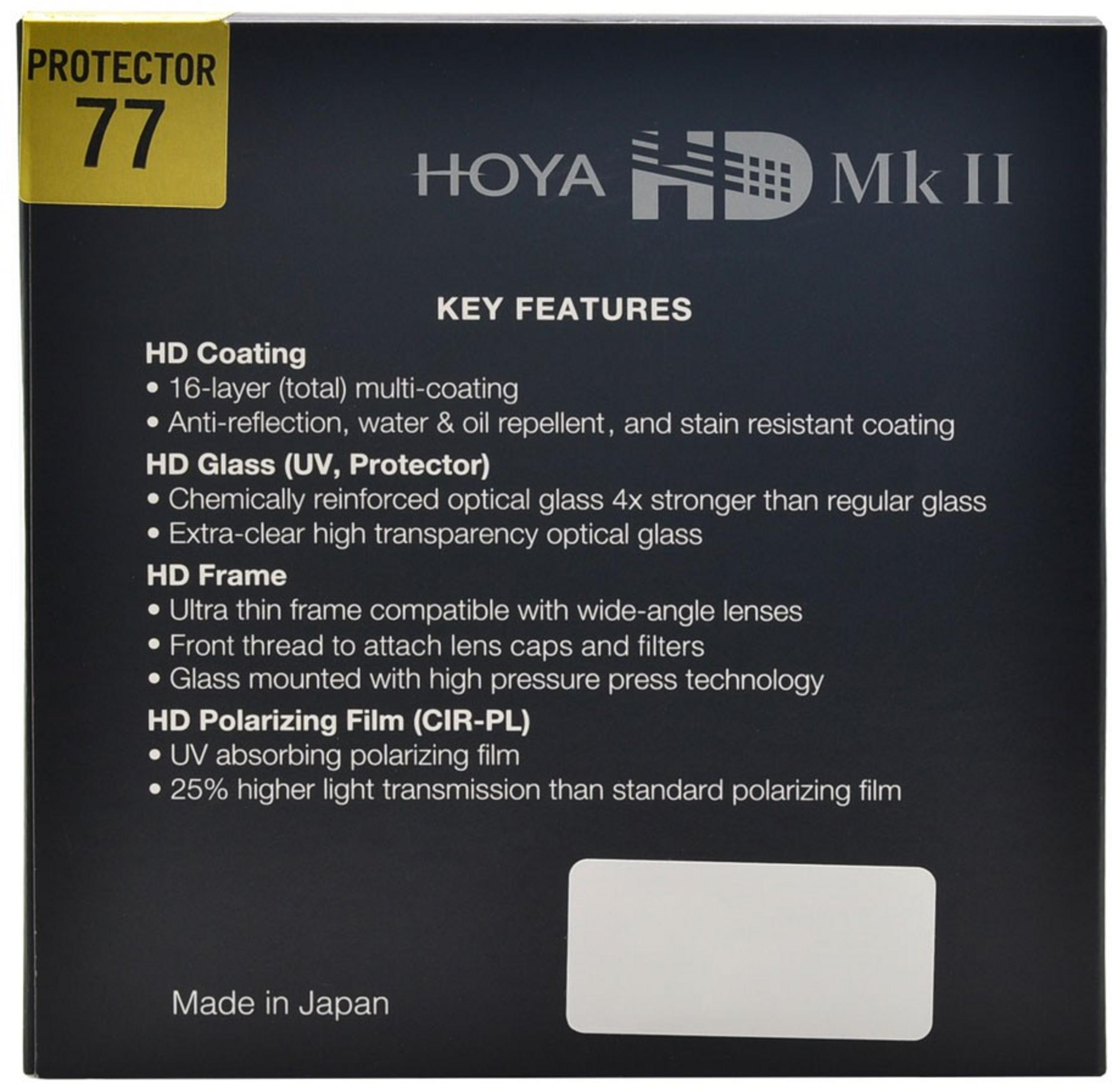 Hoya Mk II Protector 77mm Objektivfilter-Verpackung mit Produktmerkmalen.