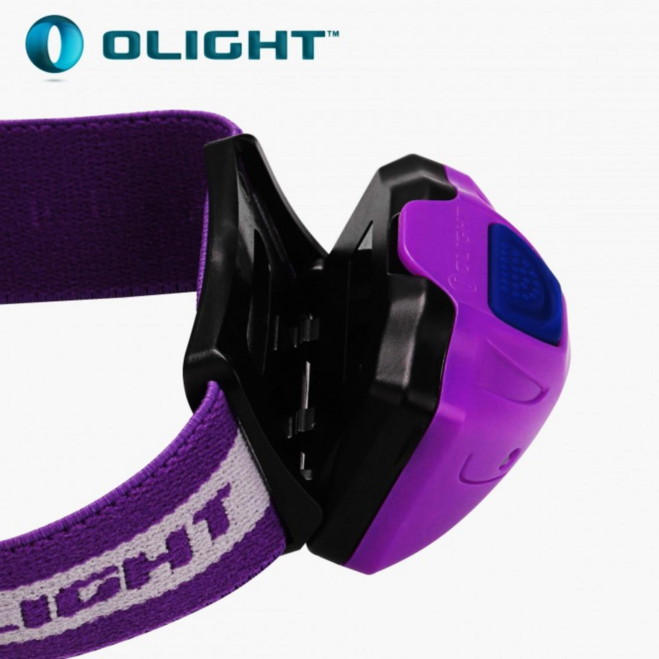 Una correa de faro morada con el logo de Olight y una lámpara morada.