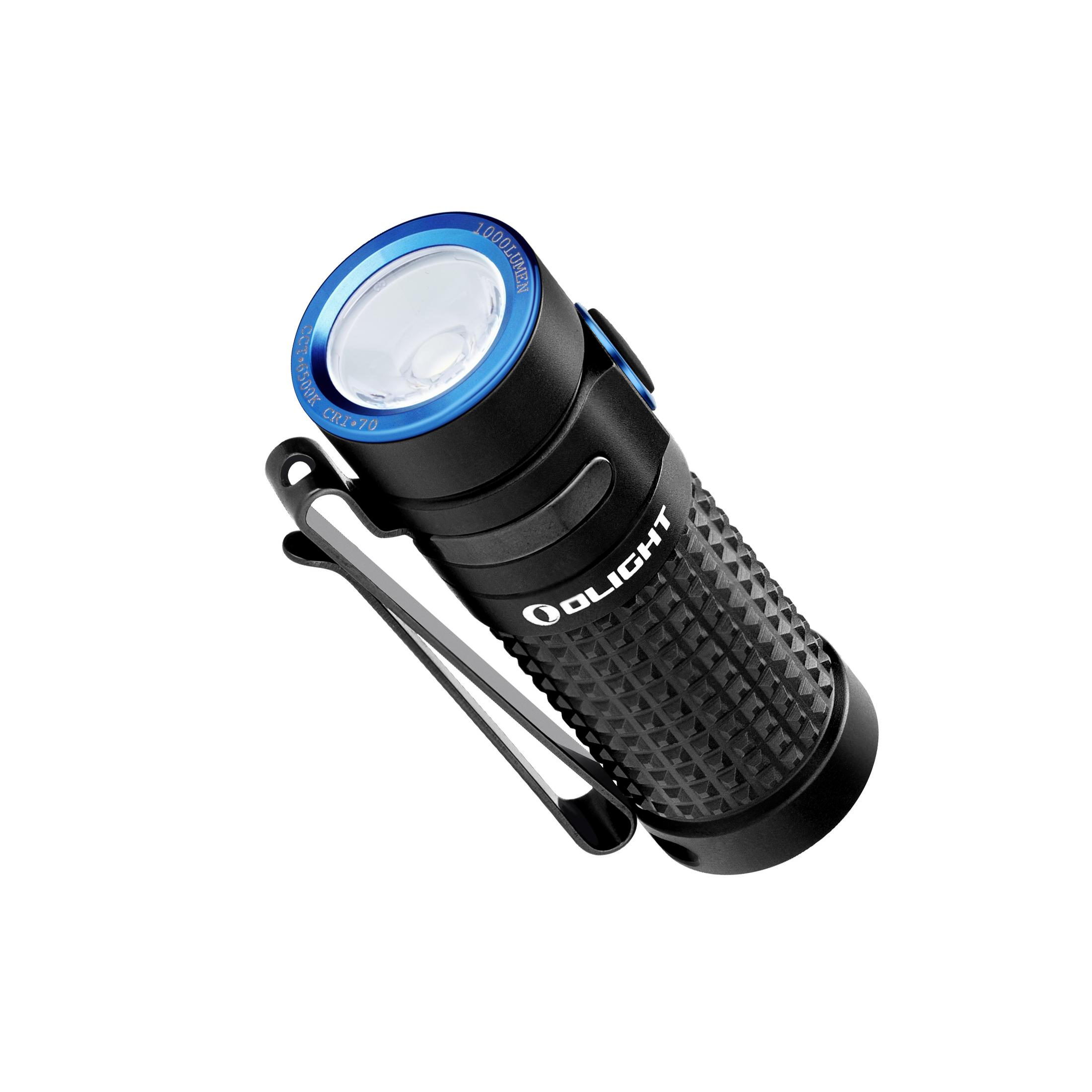 Torcia nera con anello blu, 1000 lumen e clip.