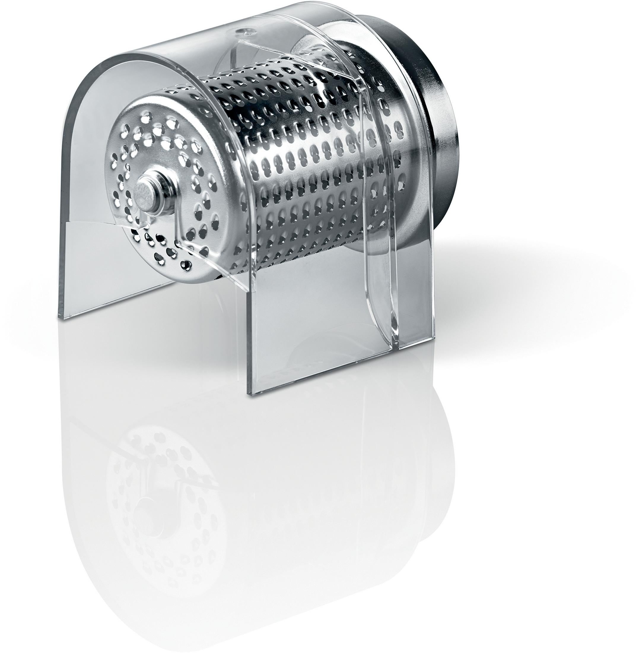 Ein metallischer Trommelreibe mit klarem Schutzgehäuse auf weißem Hintergrund.