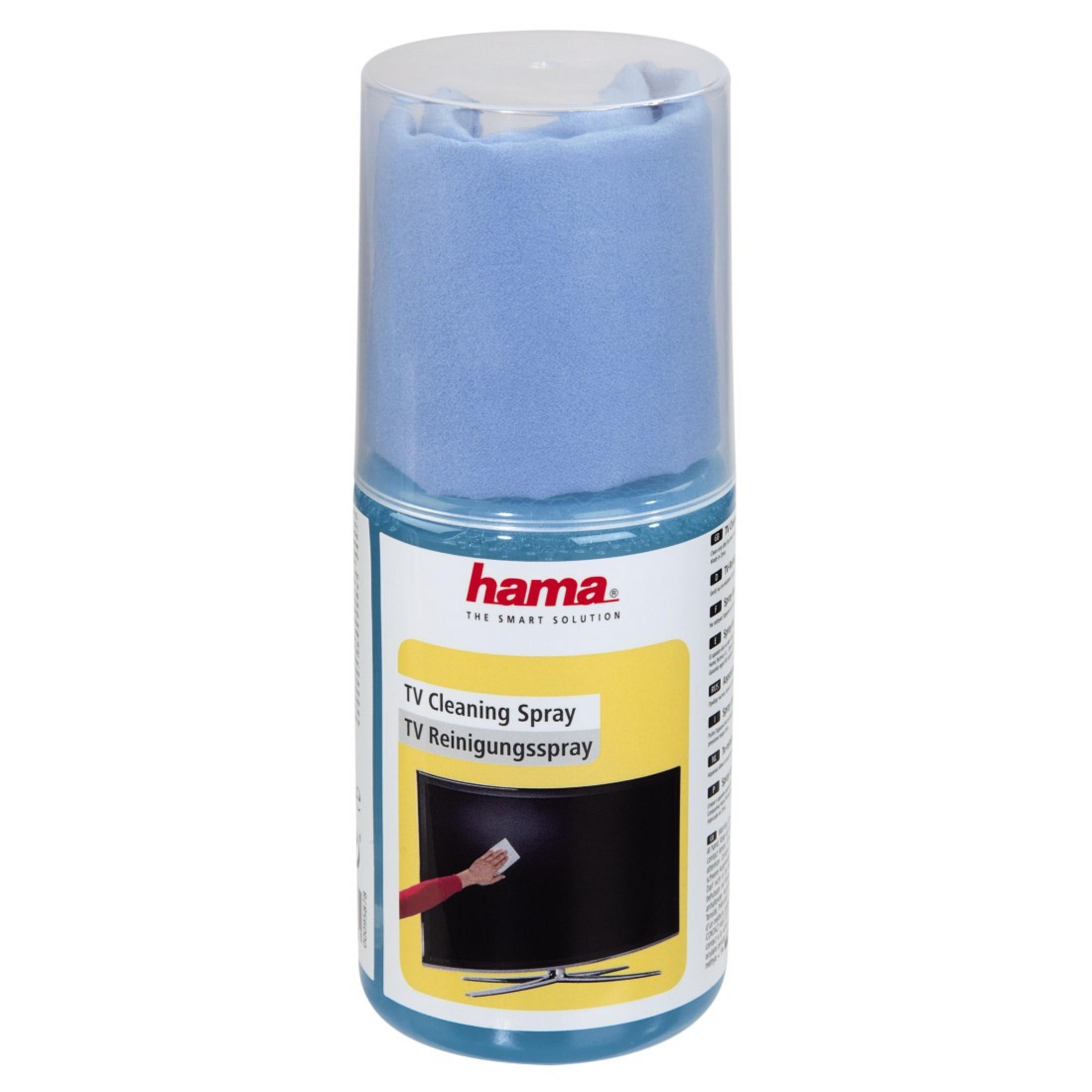Limpiador de TV Hama con paño azul en envase transparente.